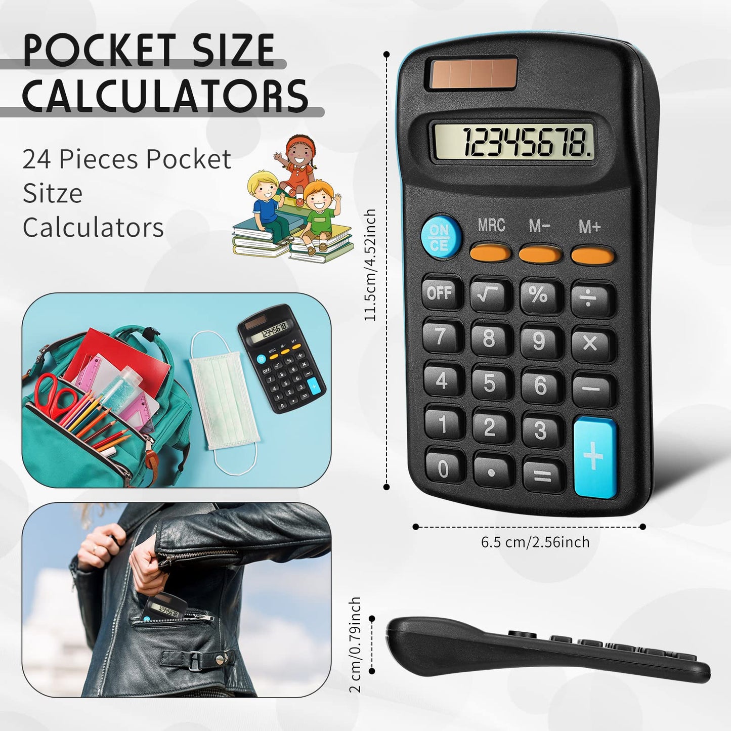 Flutesan 24 Pieces Small Pocket Calculator Bulk, Mini Basic Scientific Calculators for Student Classroom 8 Digit Handheld Solar Battery Dual Power Back to School for Desktop Home Office(Black)