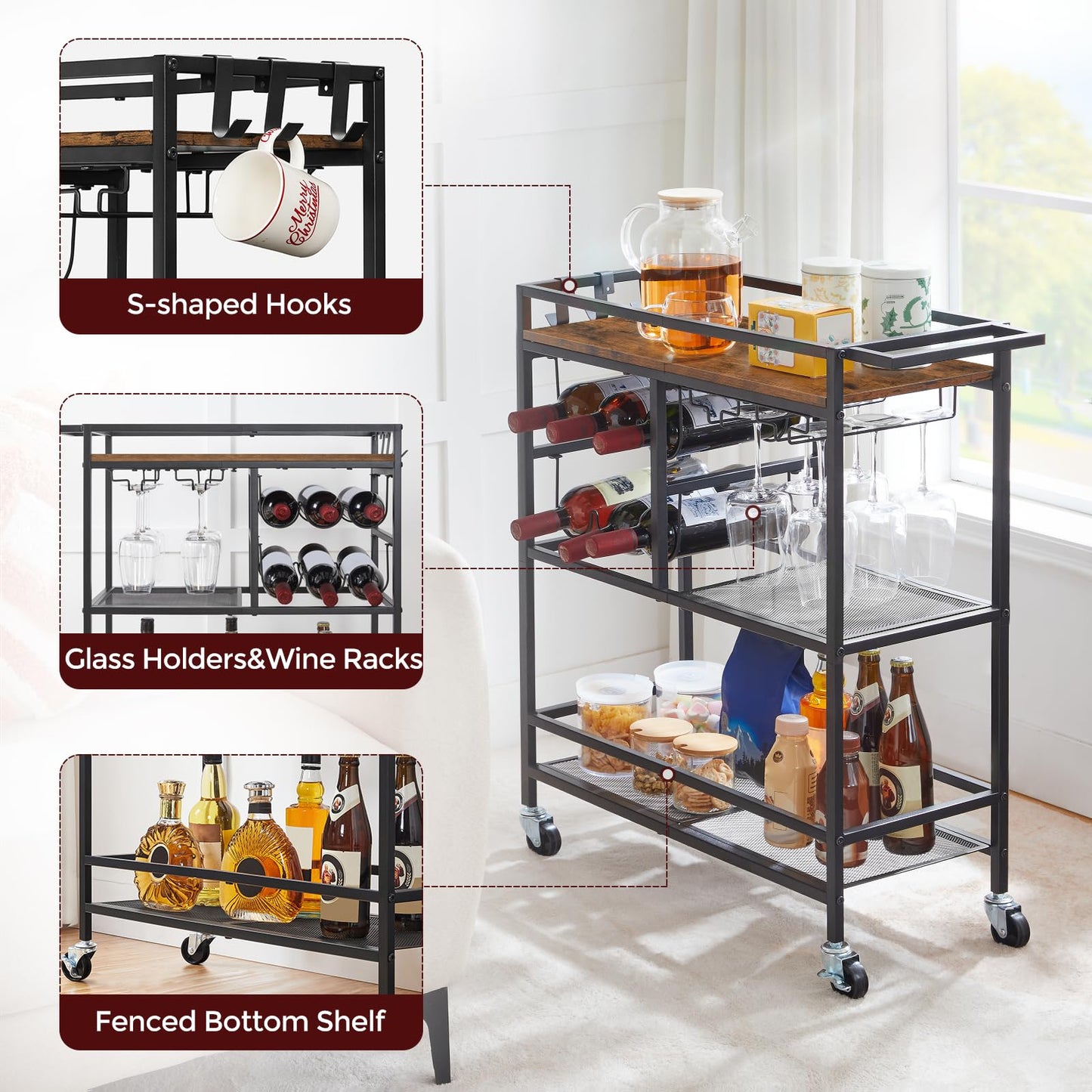 MAHANCRIS Bar Cart for The Home, 3-Tier Serving Cart with Wheels and Handle, Beverage Cart with Wine Rack and Glass Holder for Kitchen, Dining Room, Rustic Brown RCHR6101