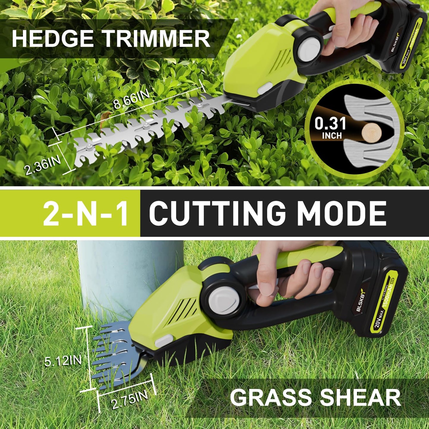 20V Cordless Hedge Trimmer with 2 Batteries, 8.67" Hedge Blade & 5.12" Grass Trimmer, 2-in-1 Lightweight Hedge Trimmer Cordless for Garden,Yard, Lawn Care