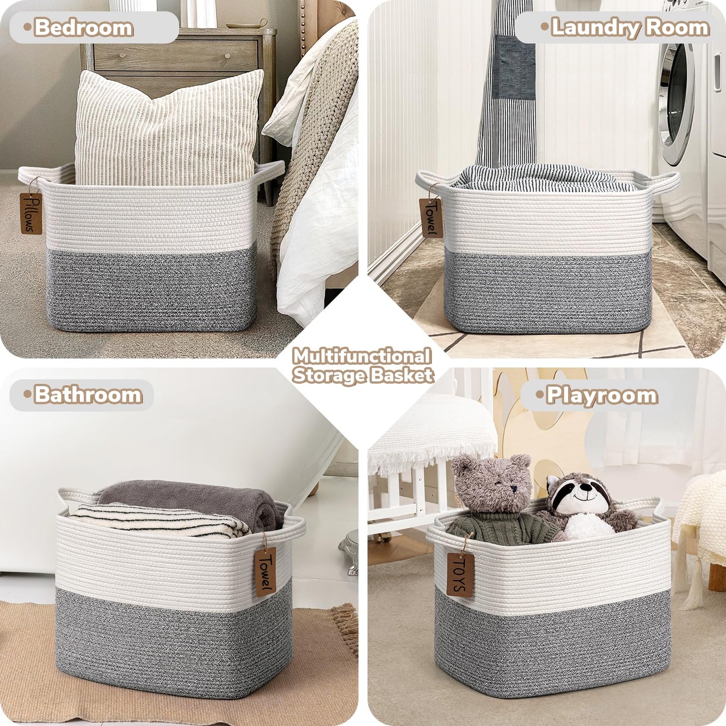 Goodpick Woven Storage Basket, Cotton Rope Baskets with Handles, Toy Baskets Storage Kids, Blanket Basket for Living Room, Bedroom, Light Grey, 18 x 14 x 12 Inches
