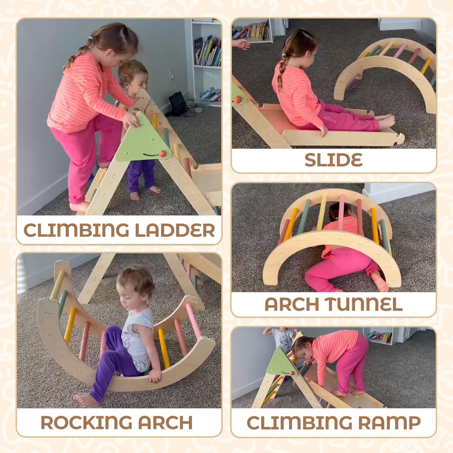 aiwo 7-in-1 Pikler Triangle Set Toddler Climbing Toys Indoor, Montessori Baby Climbing Set for Toddlers 1-3 Jungle Gym