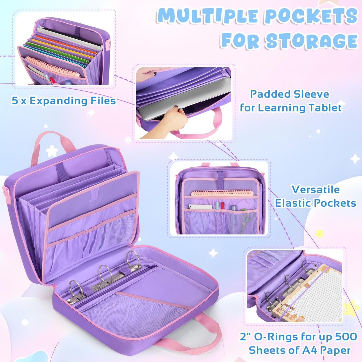 Yarwo File Organizer for Boys and Girls, 3 Ring Binder Holds 500 Sheets with 5 Expanding Files and Adjustable Strap, Large Zipper Binder Bag for Learning Tablet and Stationery, Purple (Bag Only)
