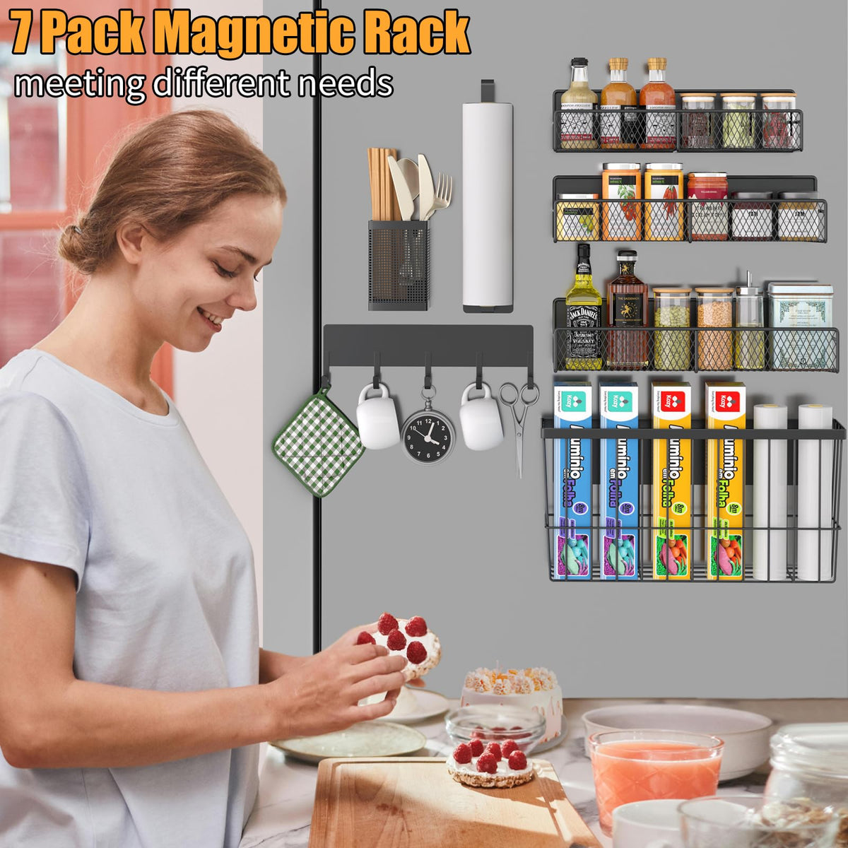 Magnetic Spice Rack for Refrigerator, 7 Pack 100% Metal Strong Magnet Shelf, Spice Organizer W/Paper Towel Holder, Hook Rack, Utensil Caddy & Cutting Board Holder, Home Kitchen Organization (Black)