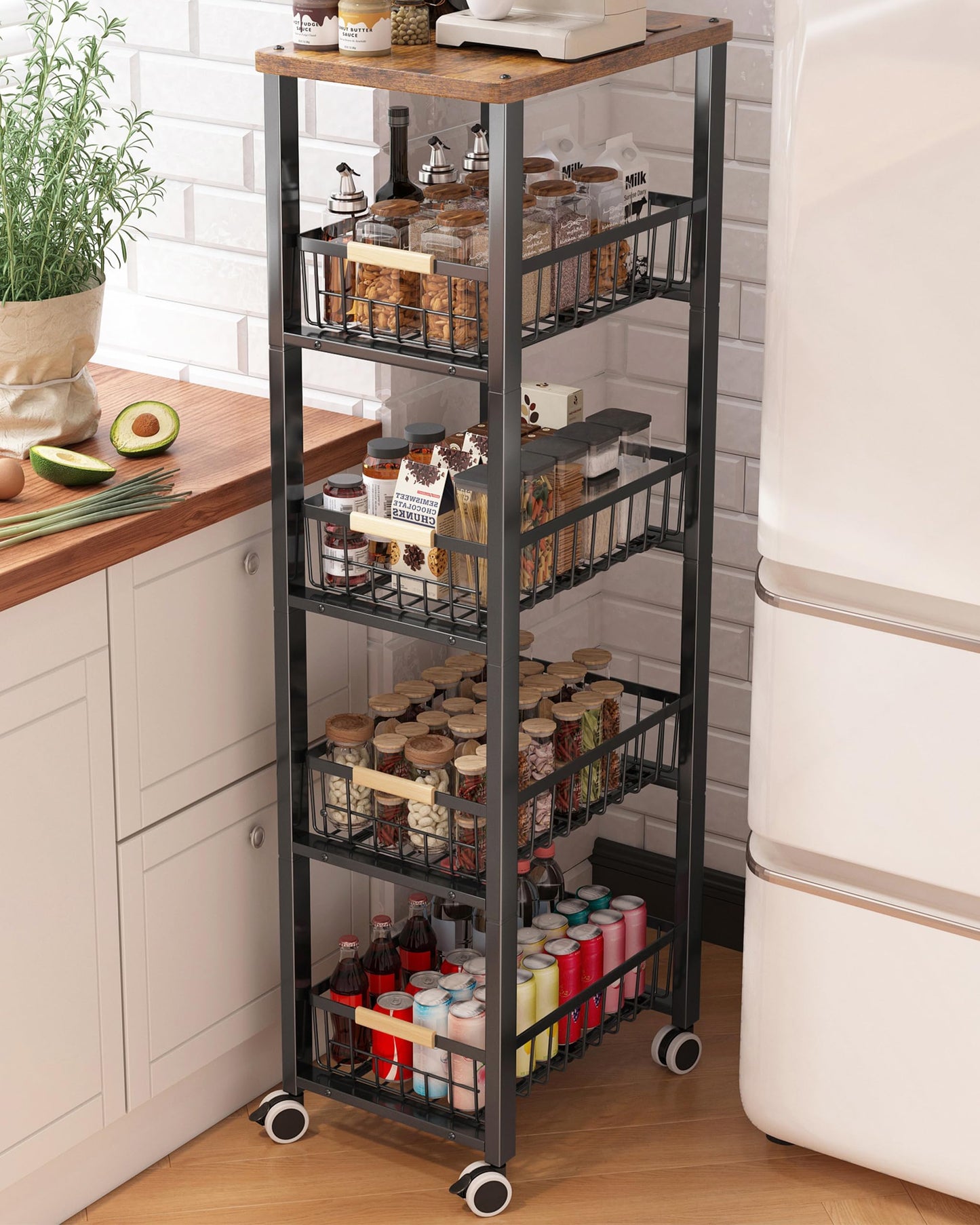 Ornestia 5-Tier Storage Cart,Metal Shelving Units Storage Slide Out,Kitchen Tall Storage Trolley with Wheels Wooden Top(40cm*30cm*107cm -Black)