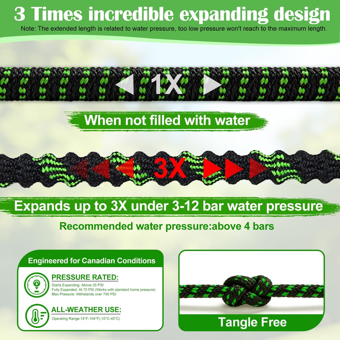 Expandable Garden Hose 100ft Water Hose with 10 Function Nozzle Flexible Expending Hose Kink Free,3-Layers Latex,3/4 Solid Solid Fittings Retractable Collapsible Gardening Hose Pipe with Hook Green