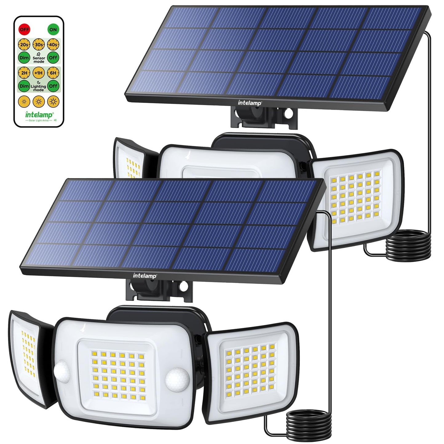 Intelamp Solar Motion Sensor Lights Outdoor, Split Design 2-Pack LED Security Flood Light, 6000mAh 1200LM Dual PIR Remote, IP65 Waterproof, Adjustable Solar Wall Light for Garage Yard Driveway Patio