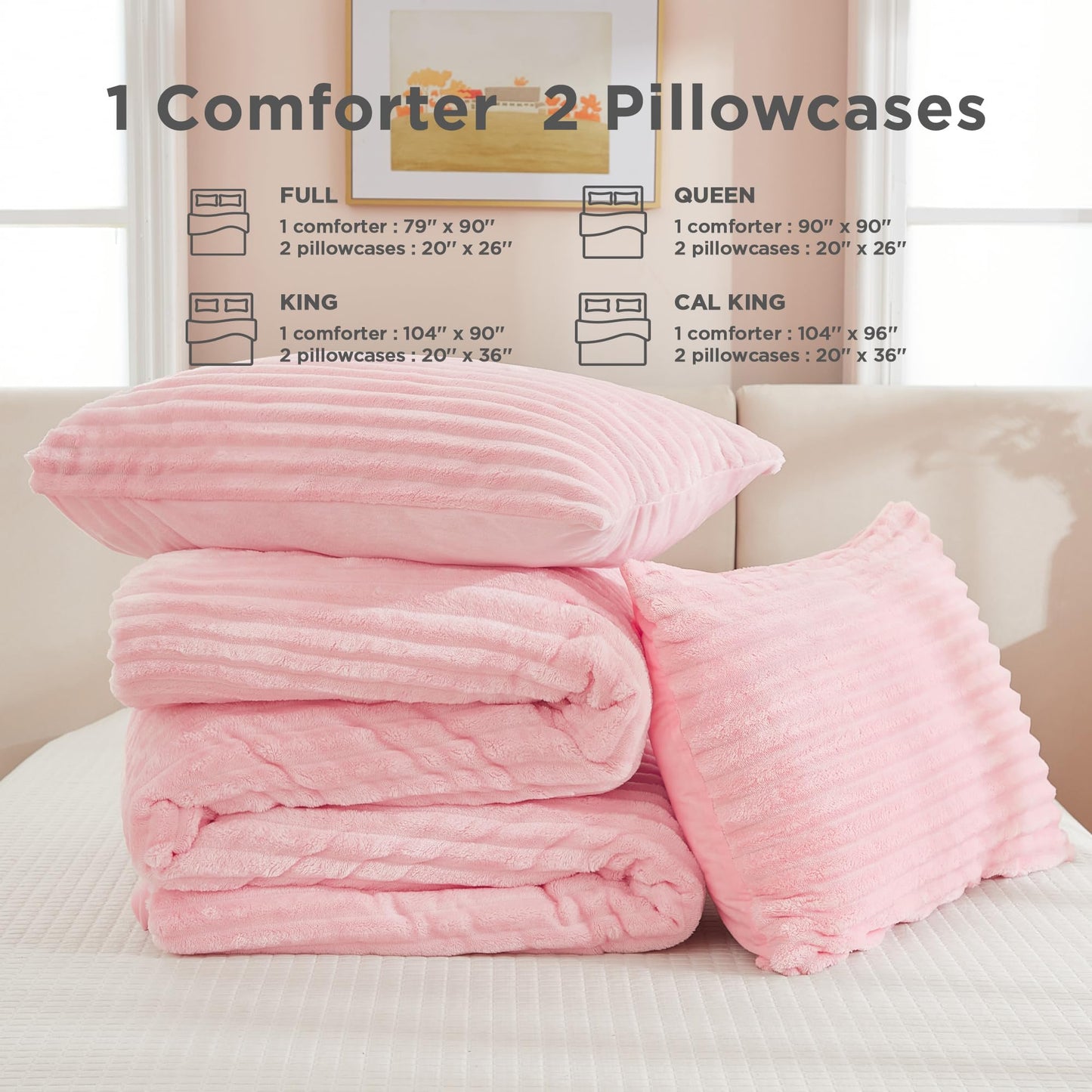 Andency Pink Comforter Set Queen, 3 Pieces Fleece Comforter for Queen Size Bed, Soft Warm Fluffy Fuzzy Luxury Plush Bedding Comforter Set for Winter (1 Comforter & 2 Pillowcases)