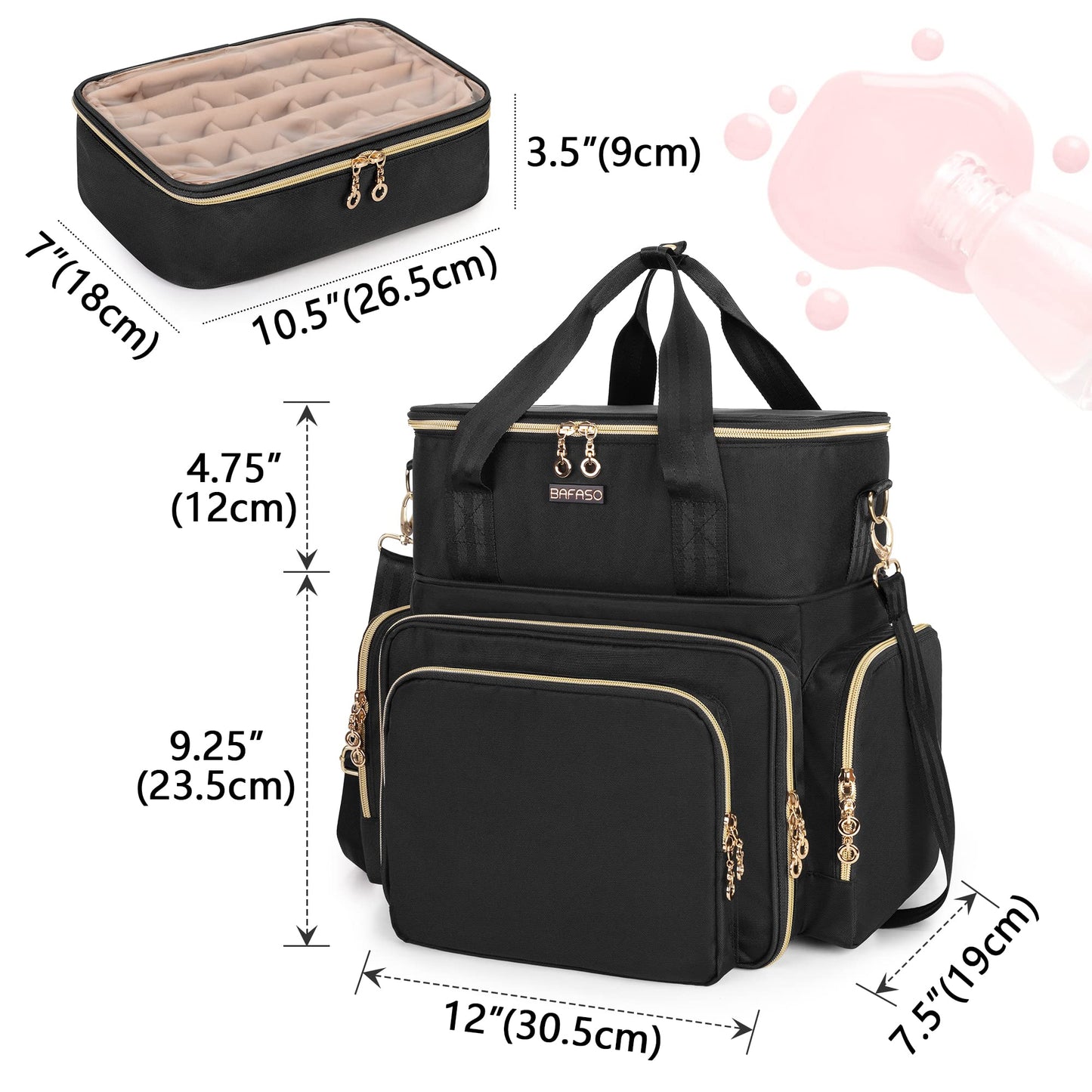 BAFASO Double Layer Nail Polish Organizer Holds 70 Bottles (15ml - 0.5 fl.oz) and a Nail Dryer, Nail Polish Case with 2 Removable Pouches and Tools Storage Sections (Bag Only), Black