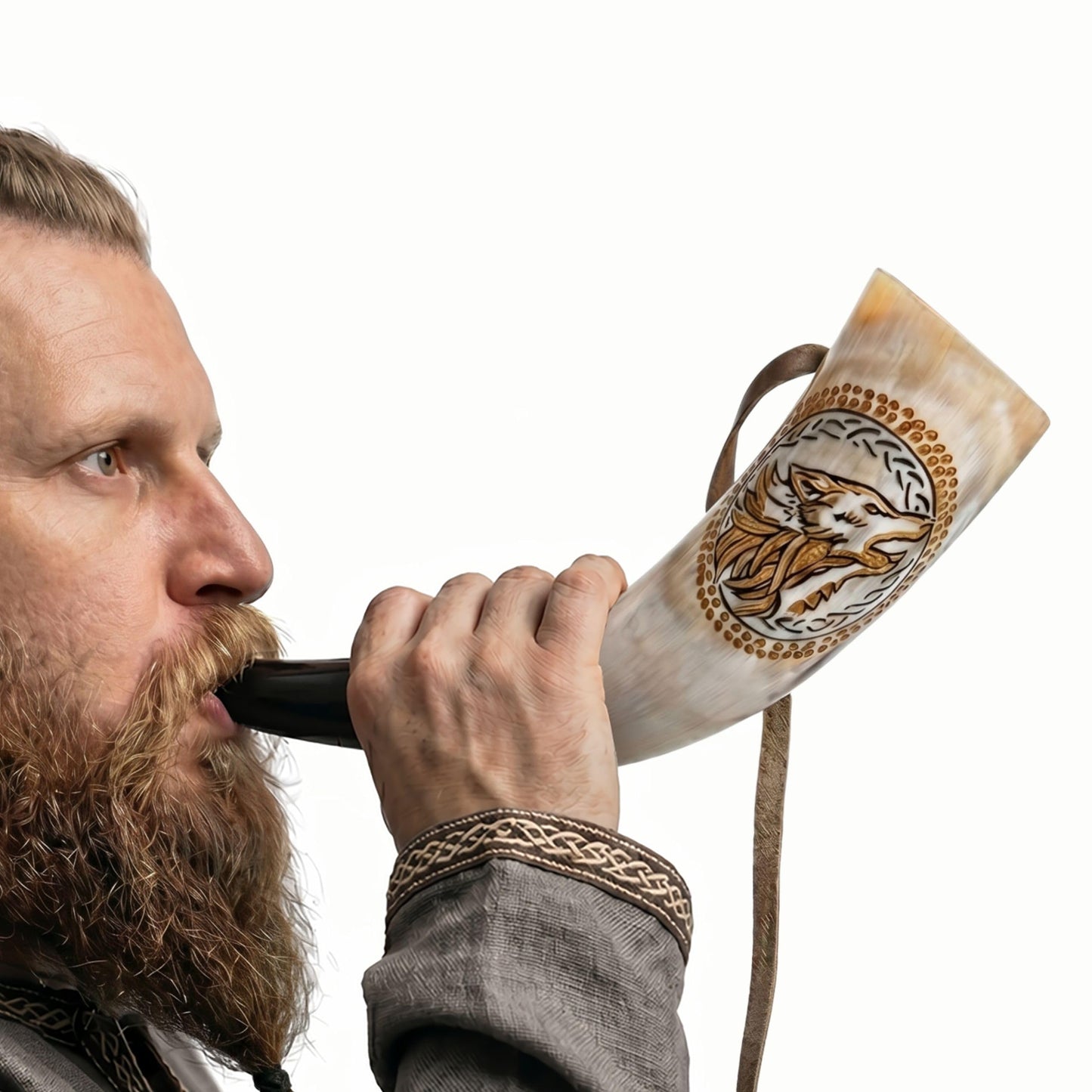Norse Tradesman Viking War Horn – 12" Blow Horn Battle Trumpet Crafted from Authentic Premium Ox Horn – Hand Engraved with Norse Wolves – A Stirring Piece of History – "The Howler"