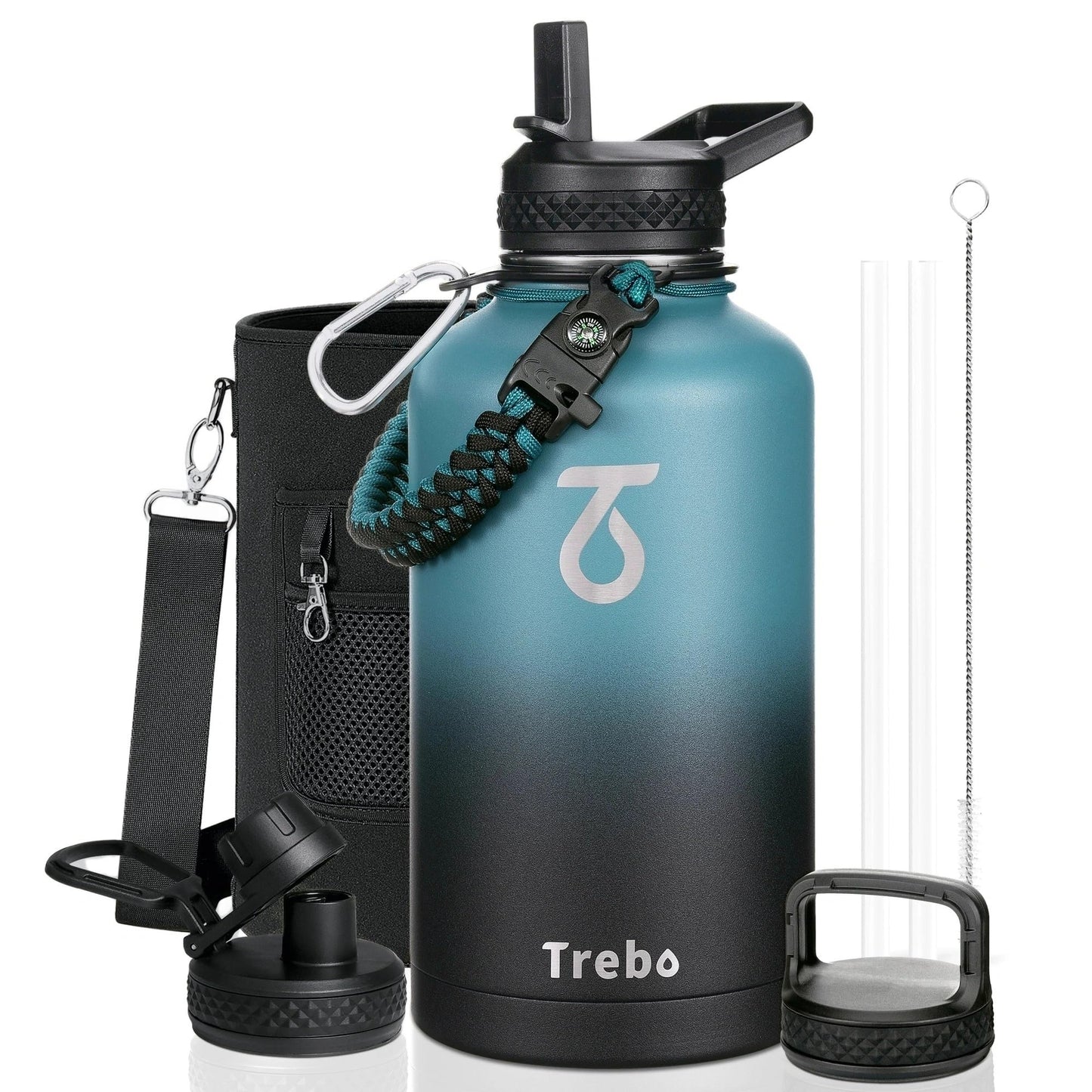 Water Bottle 64oz with Paracord Handle, Trebo Half Gallon Food-Grade Double Wall Vacuum Stainless Steel Insulated Jug with Straw Spout Handle Lids, Leakproof Keep Cold & Hot, Ombre: Indigo/Black