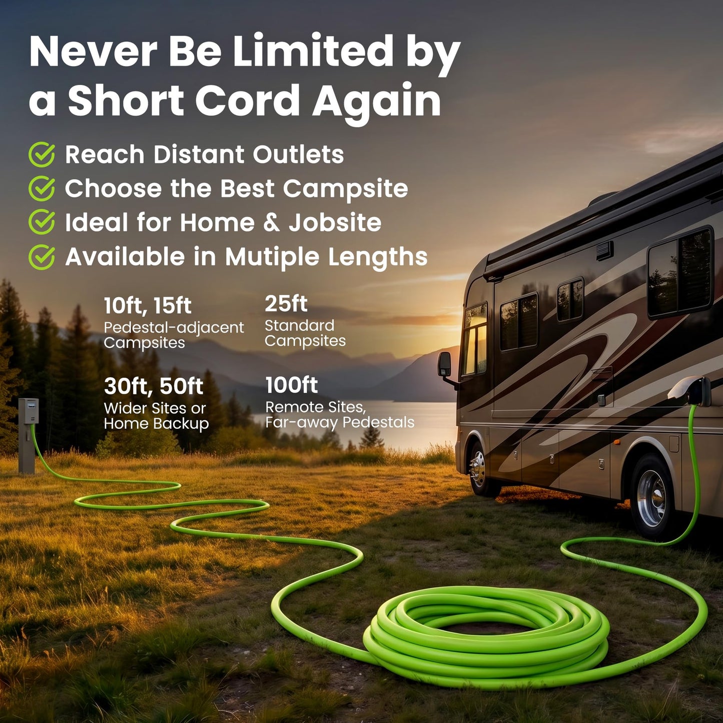 GEARit 30-Amp Extension Cord for RV and Auto, 125-Volt, 3-Prong, 10/3 STW 10AWG Gauge 3 Wire, NEMA TT-30P to TT-30R, Outdoor, Waterproof, Outdoor Camper Power Cord, 15 feet (4.5 Meters), Green
