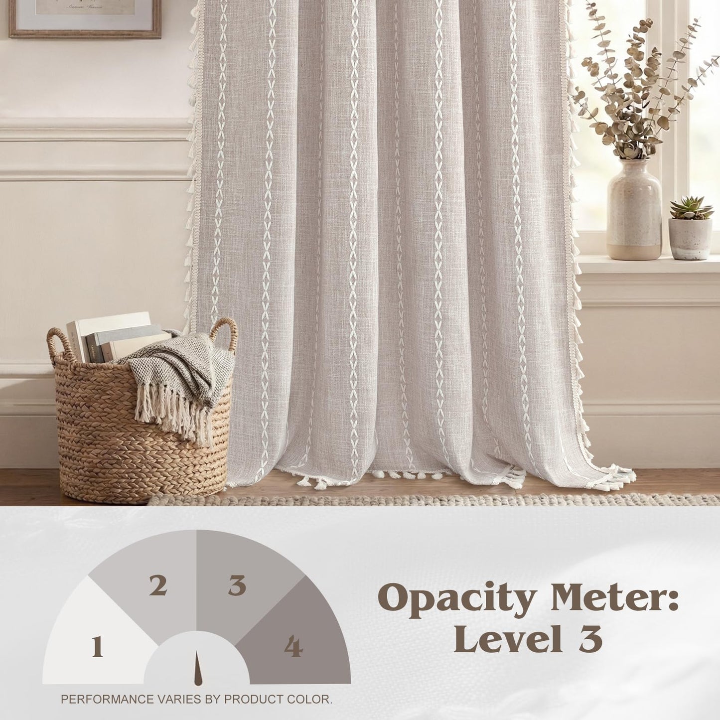Boho Curtains with Tassel,Bohemian Curtains for Bedroom Living Room,Linen Semi Blackout Window Curtain Farmhouse Curtains Home Decor (Beige, 52" W x 84" L 1 Panel)