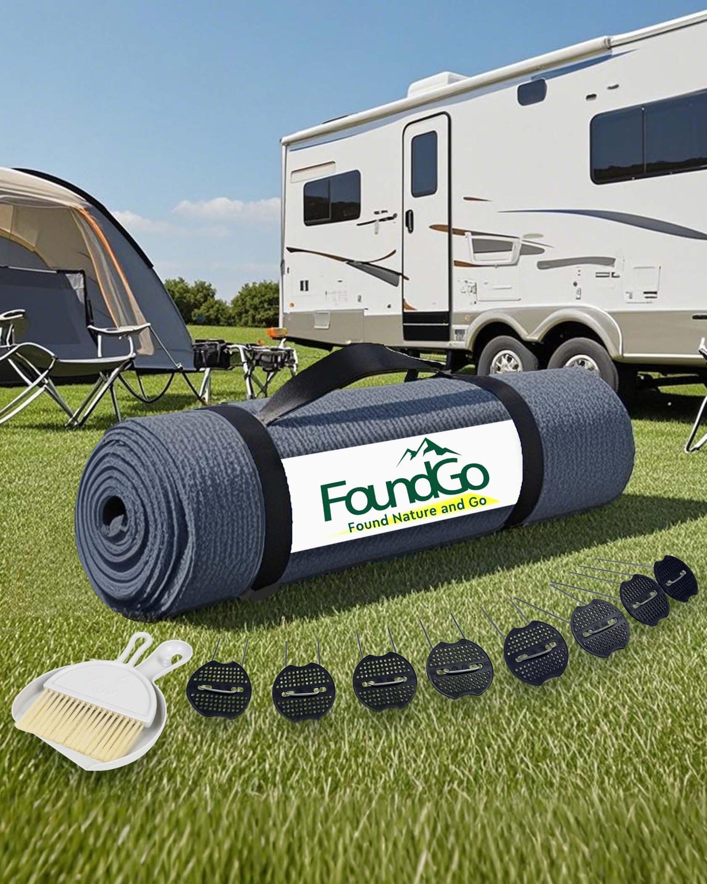 FoundGo Awning Carpet HDPE Camping Outdoor Rug with Eyelets,Nails,Broom,for RV,Patio,Backyard,Picnic,Beach,Trailer 9'*12' (2.74 * 3.66m) -Blue Grey