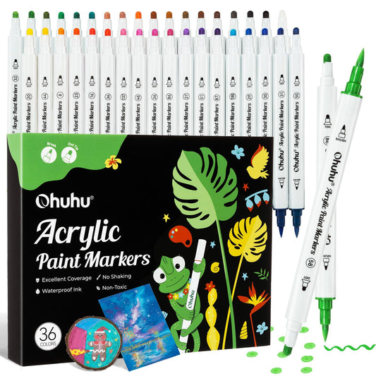 Ohuhu Acrylic Paint Markers 36 Colors: Dual Tips (Brush & Dot) Paint Pens High Opacity Acrylic Markers Waterproof Lightfast for Rock Painting Easter Eggs Wood Glass Ceramic Canvas