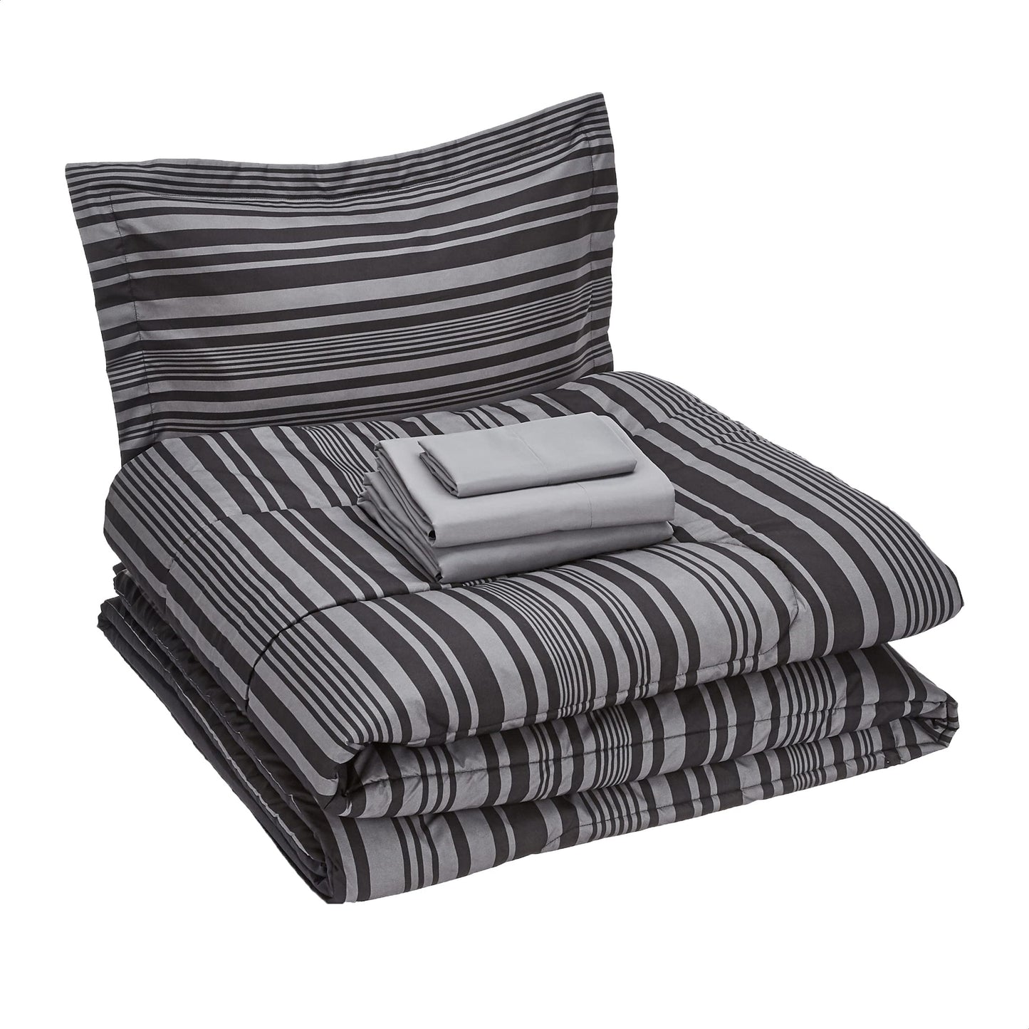 Amazon Basics 5-Piece Lightweight Microfiber Bed-in-a-Bag Comforter Bedding Set - Twin/Twin XL, Gray Calvin Stripe