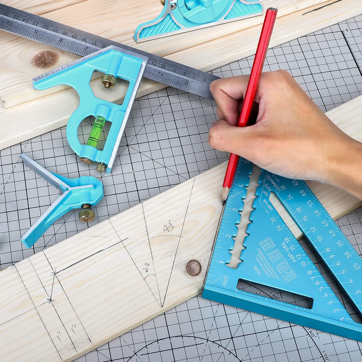 Shall Rafter Square & Combination Square Tool Set, 7 Inch Aluminium-Alloy Carpenter Square & 16 Inch Zinc-Alloy Woodworking Framing Combo w/Stainless Steel Ruler, 2 Carpentry Pencils, Scriber