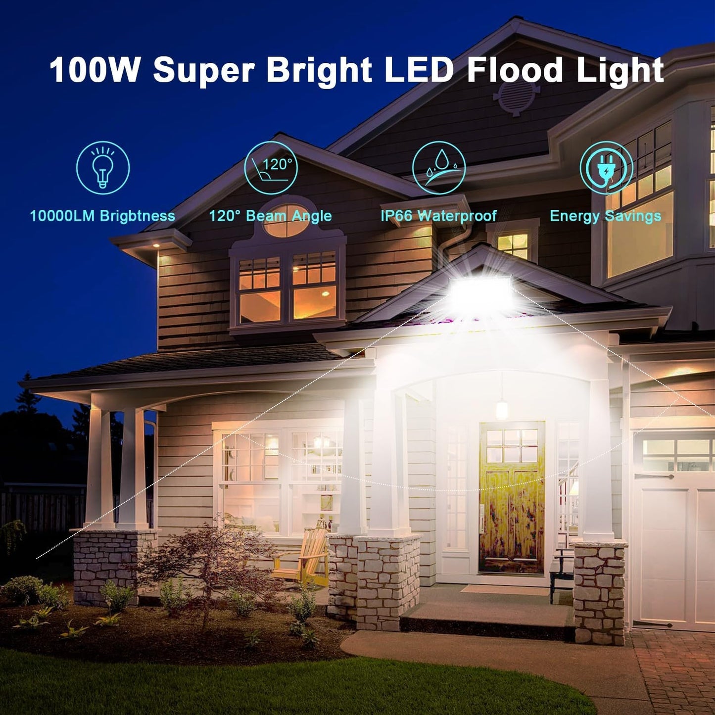 100W Flood Light Outdoor, 4 Pack 10000 Lumens LED Flood Light, 6500K Super Bright Plug in Outdoor Lights, IP66 Waterproof Work Light Exterior Security Lights for Garden, Yard, Garage, Playground