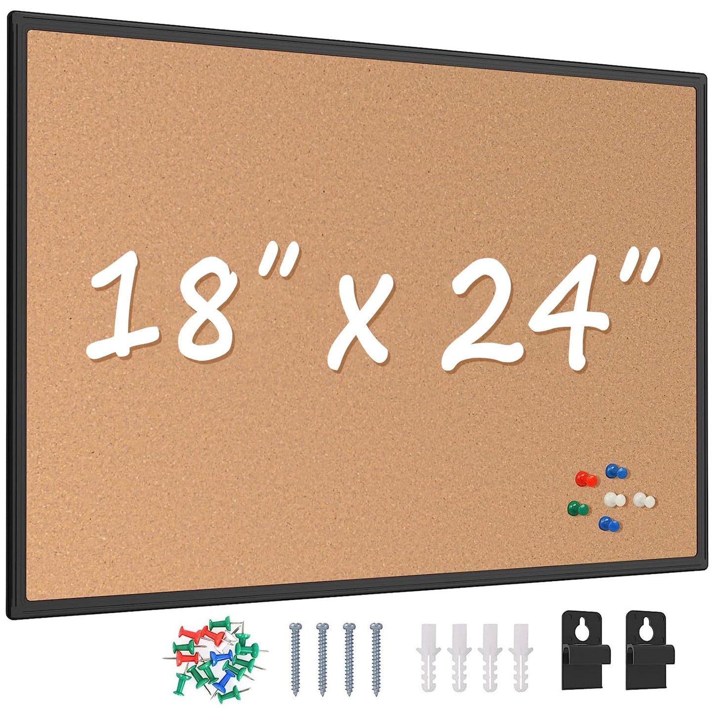 Board2by Cork Board Bulletin Board 24 x 18, Black Aluminium Framed Corkboard, Office Board for Wall Cork, Large Wall Mounted Notice Pin Board with 16 Push Pins for School, Home & Office