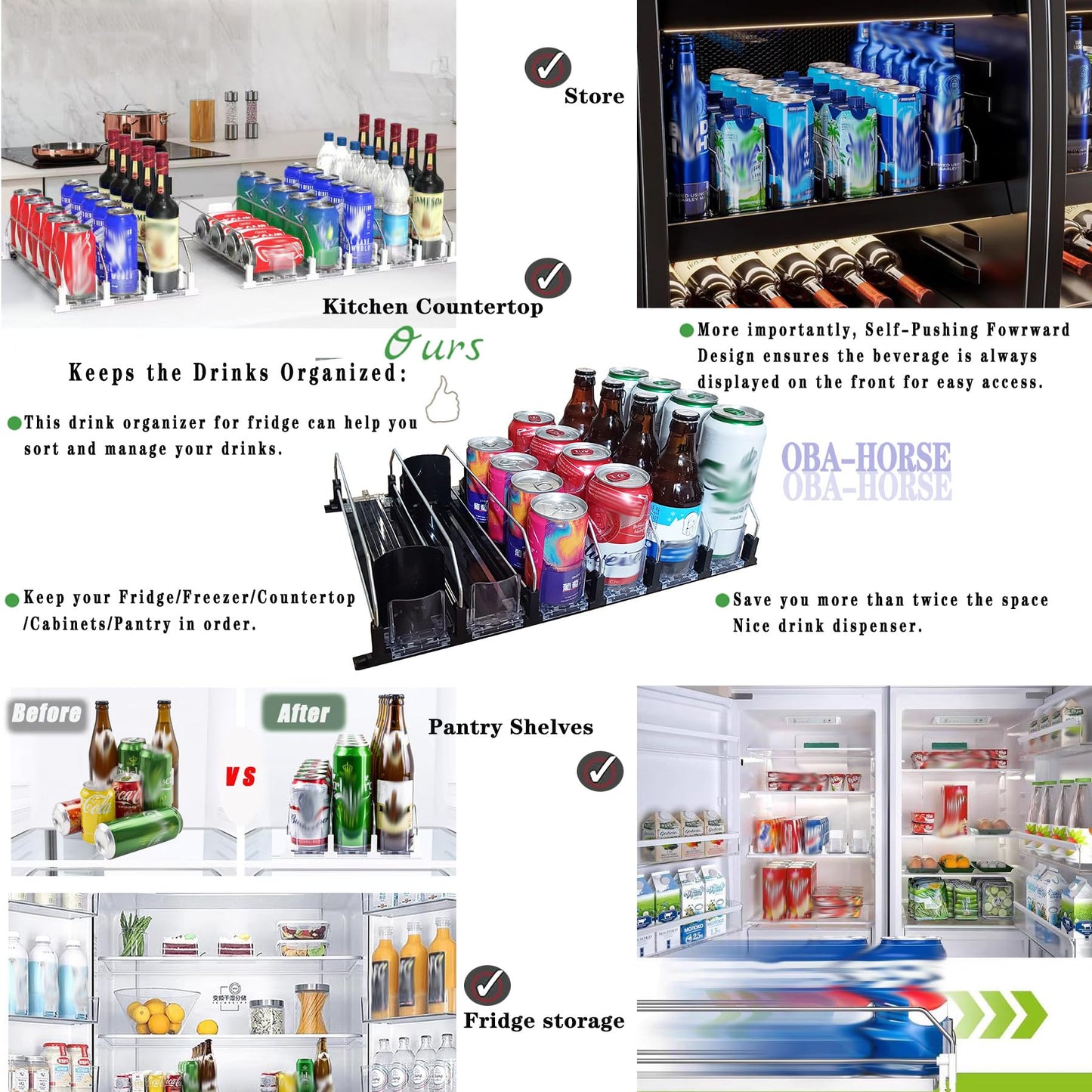OBA-HORSE Drink Organizer for Fridge, Self-Pushing Drink Dispenser Fridge, Adjustable Width Fridge Can Organizer (Black, 6 Rows 12.2" D × 17.72" W)
