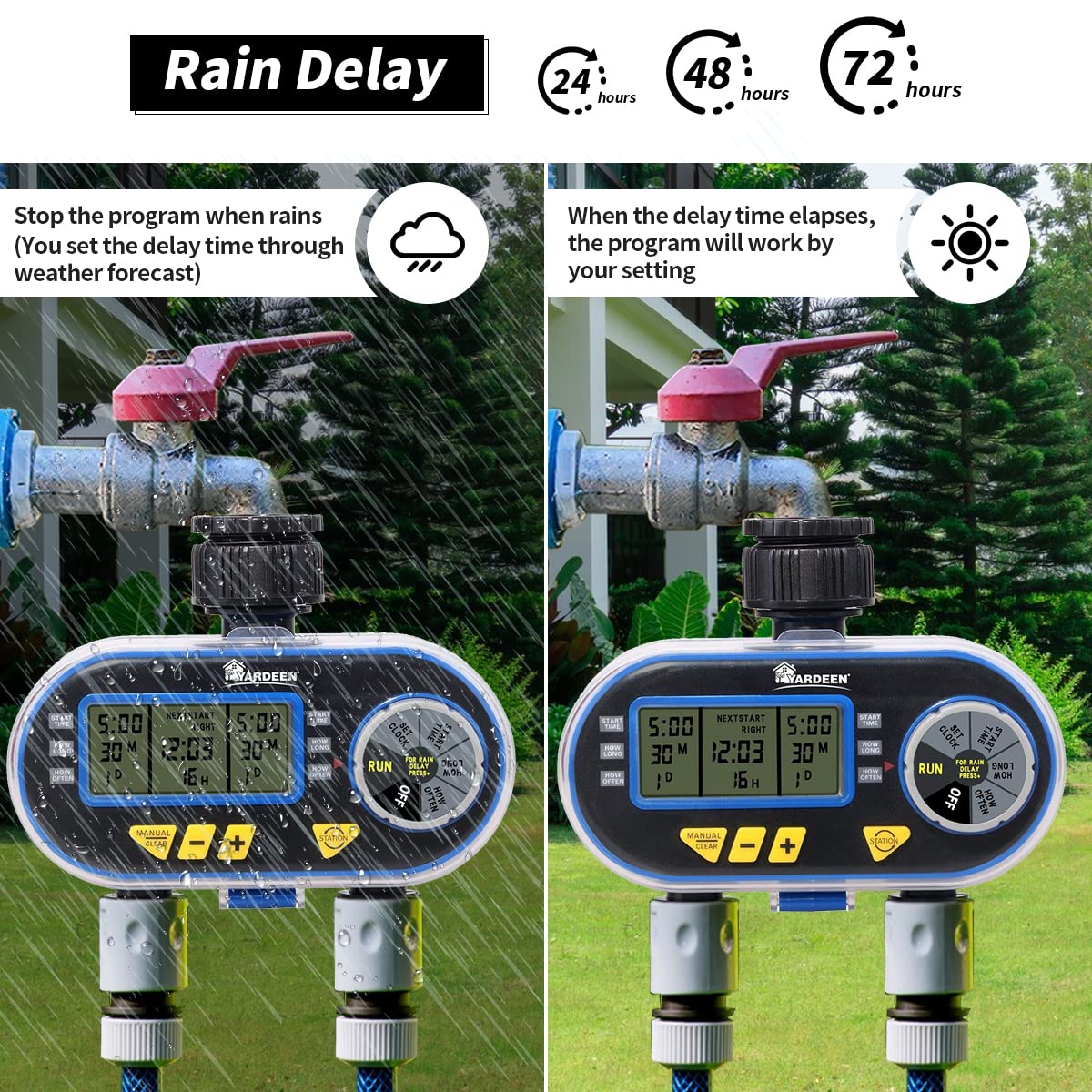 Yardeen Sprinkler Timer for Garden Hose, Programmable Hose Timer with Rain Delay/Manual/2 Solenoid Valves Garden Electronic Irrigation Controller System Color Blue