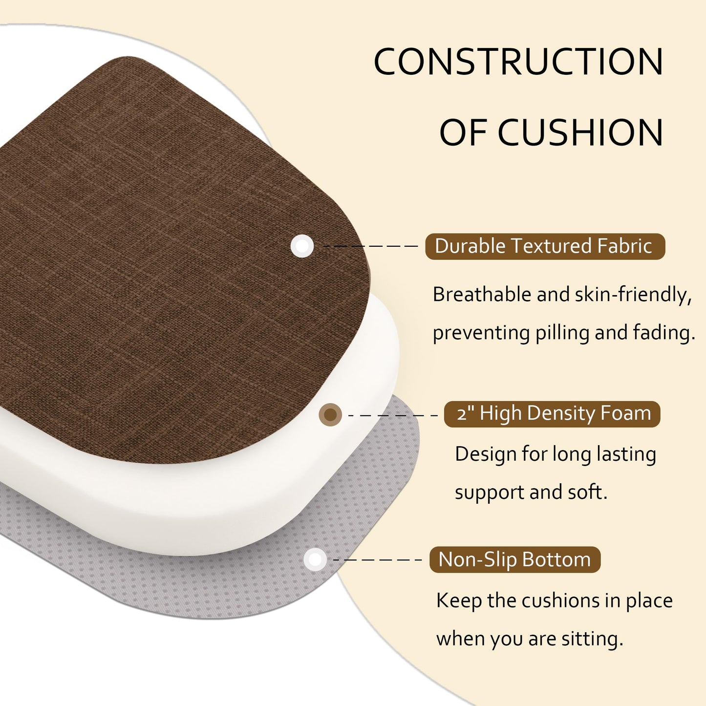 ELFJOY Set of 6 Chair Cushions for Dining Chairs Non Slip Seat Cushion with Ties and Machine Washable Cover Foam Kitchen Chair Pads Indoor 17x17x2 inches Coffee