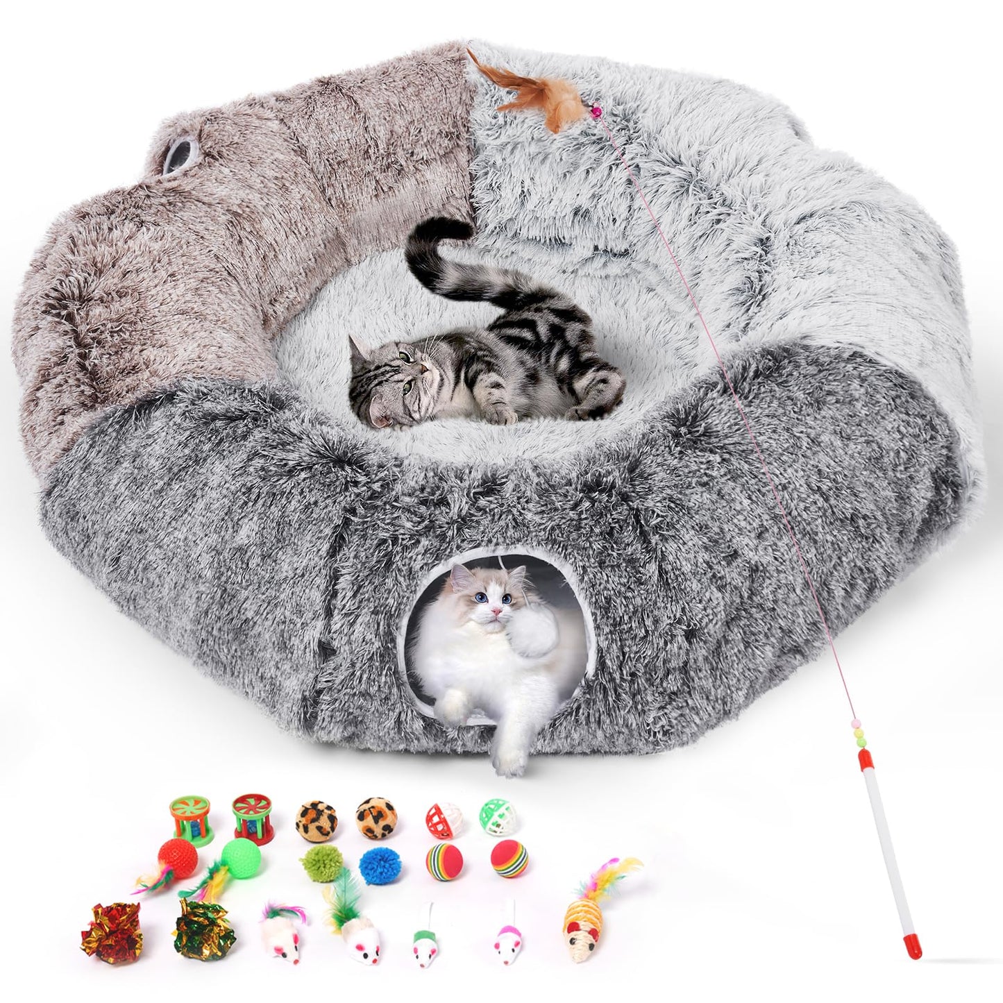 Odoland Extra Large Cat Tunnels for Indoor Cats, Fluffy Cat Bed and Collapsible Donut Cat Tube with 20pcs Cat Toys for Chewing Playing