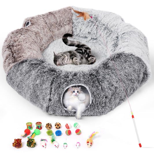 Odoland Extra Large Cat Tunnels for Indoor Cats, Fluffy Cat Bed and Collapsible Donut Cat Tube with 20pcs Cat Toys for Chewing Playing