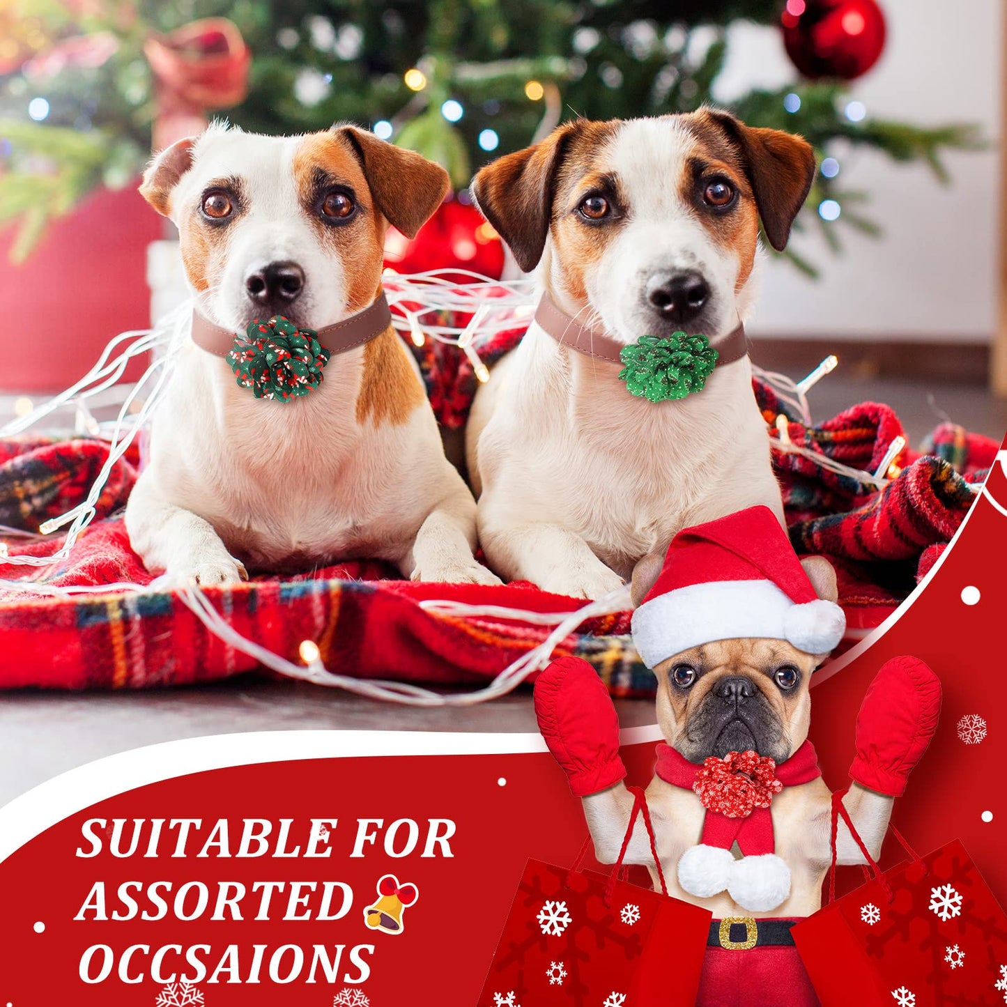 Sanwuta 80 Pieces Christmas Dog Collar Flowers Bulk Santa Claus Snowflakes Dog Charms Grooming Accessories Bow Tie Flower for Pets Cat Collar Attachment Embellishment Xmas Party Costume
