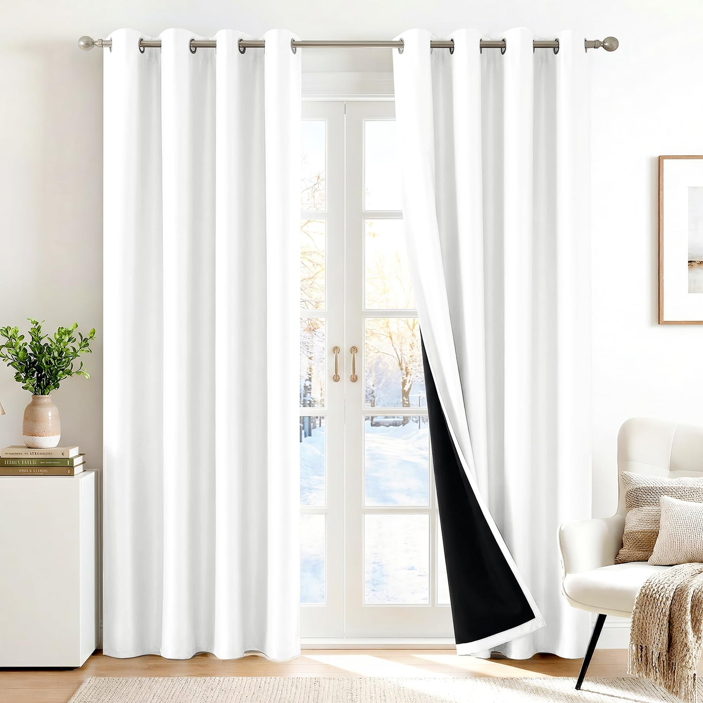 Deconovo 100% White Blackout Curtain 84 Inch Long 2 Panels, Thermal Insulated Curtains with Black Liner for Bedroom and Living Room (Pure White, 52W x 84L Inches)