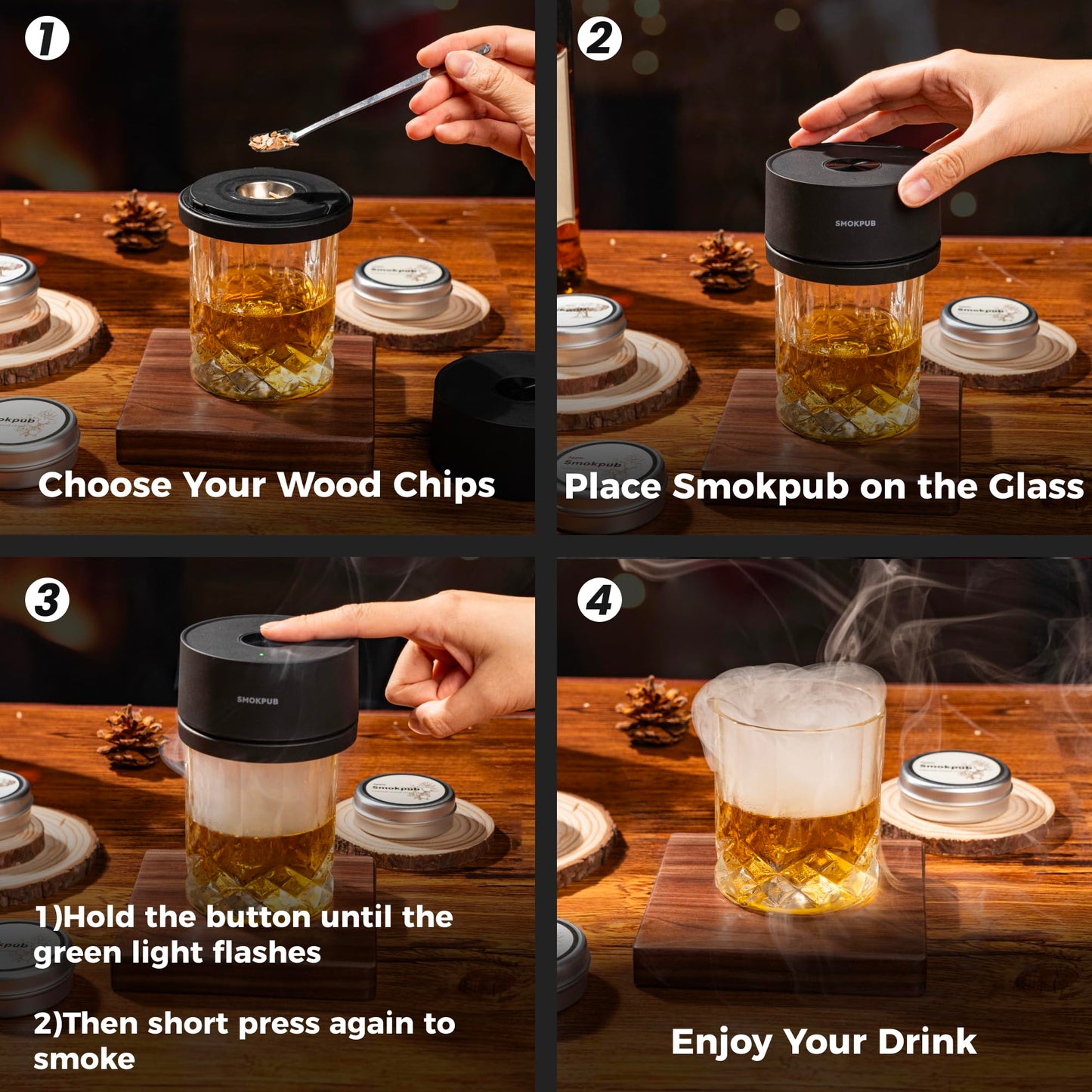 SMOKPUB Electric Whiskey Smoker Kit Built-in Lighter, No Butane Needed, Rechargeable Cocktail Smoker Kit with 6 Wood Chips, Old Fashioned Drink Smoker Kit, Bourbon Whiskey Gifts for Men,Dad,Husband
