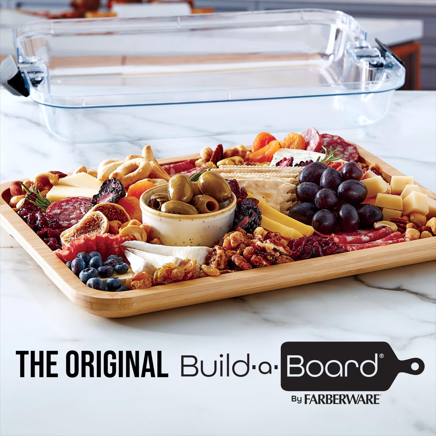 FARBERWARE Build-A-Board Bamboo Cutting Board with Built-in Compartments and Clear Locking Lid, Ideal for Charcuterie, Snacks, Food Prep & Serving