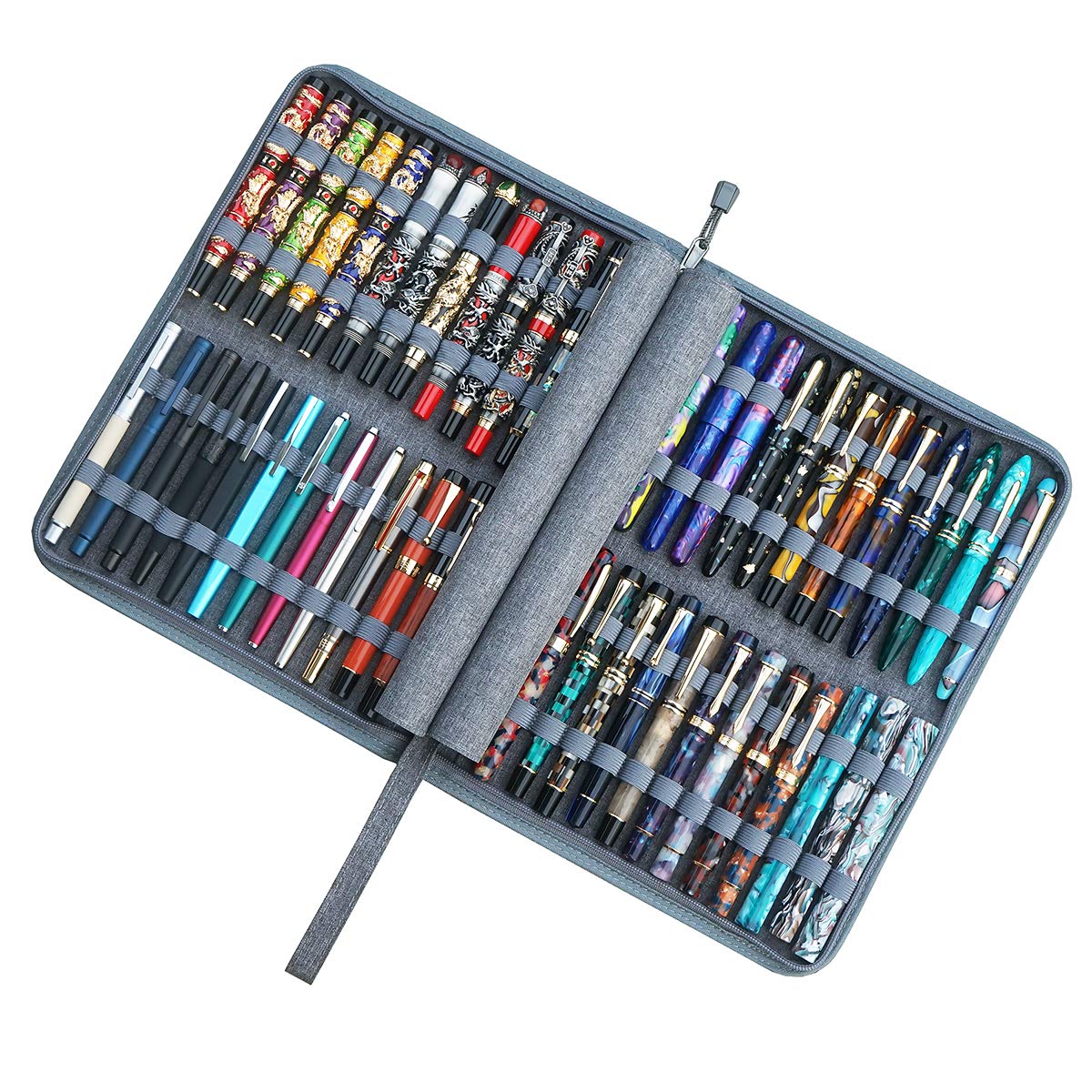 Lanxivi 48 Fountain Pen Case Gray Organizer Bag, Waterproof Canvas Pen Display Holder with YKK zipper