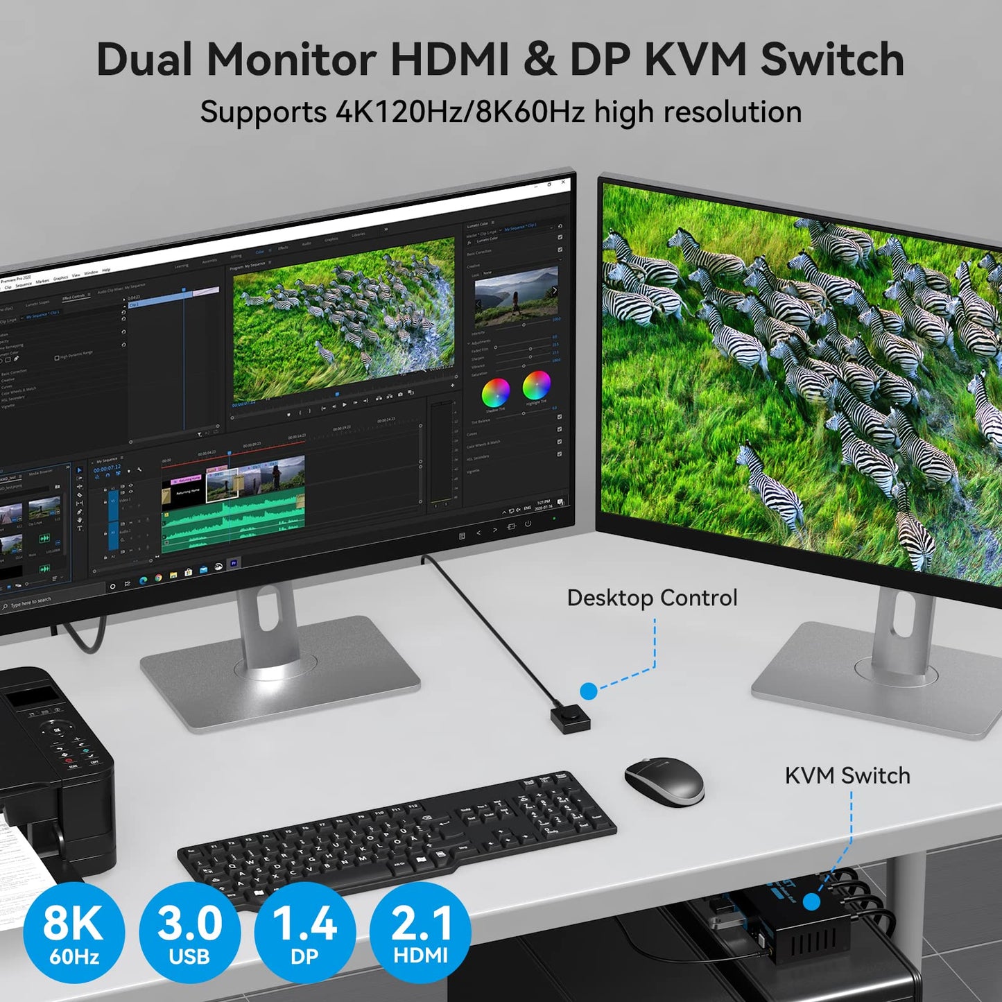 8K KVM Switch 2 Monitors 2 Computers 4K@120Hz HDMI Displayport Dual Monitor KVM Switches 2 Ports for 2 PC Share Mouse Keyboard and 2 Screens with USB 3.0 Cables and Extended Controller