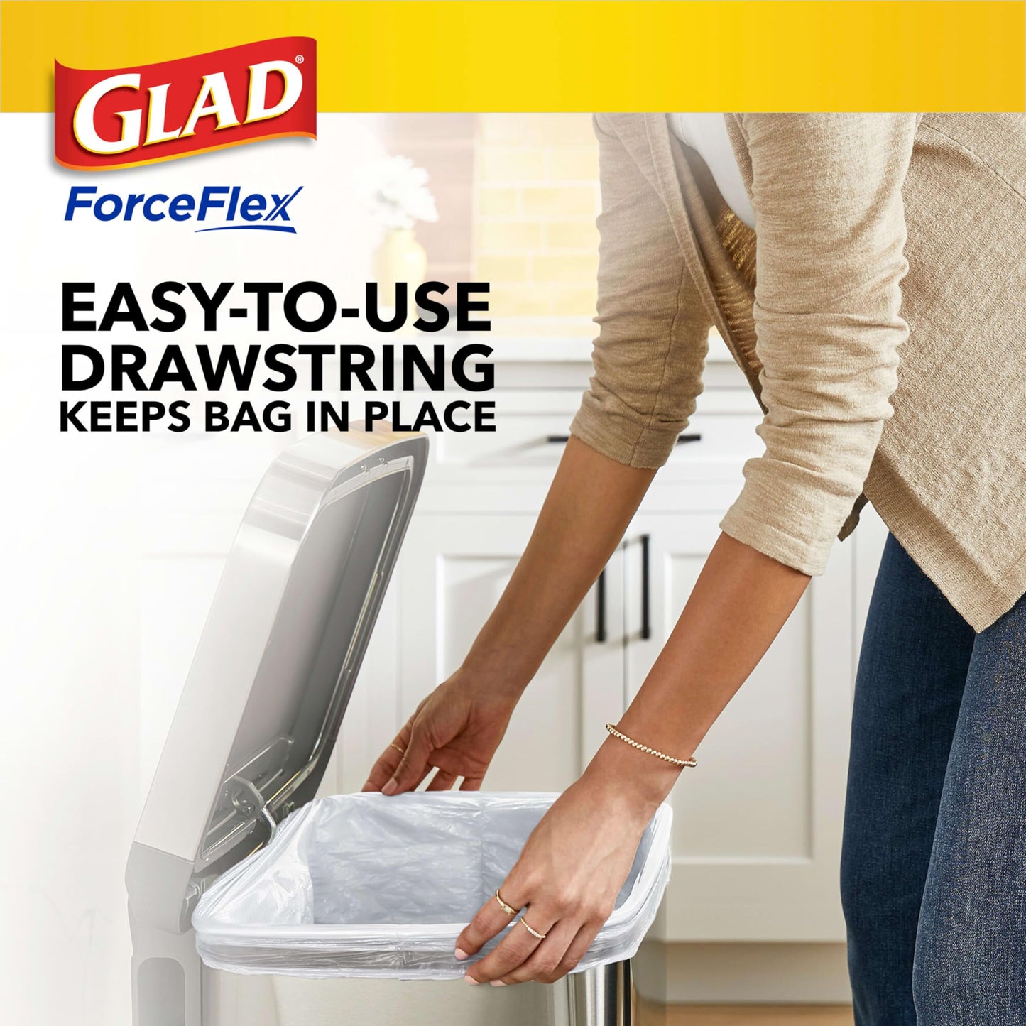 Glad ForceFlex Tall Kitchen Drawstring Trash Bags, 13 Gal, Fresh Clean, 110 Ct, Pack May Vary