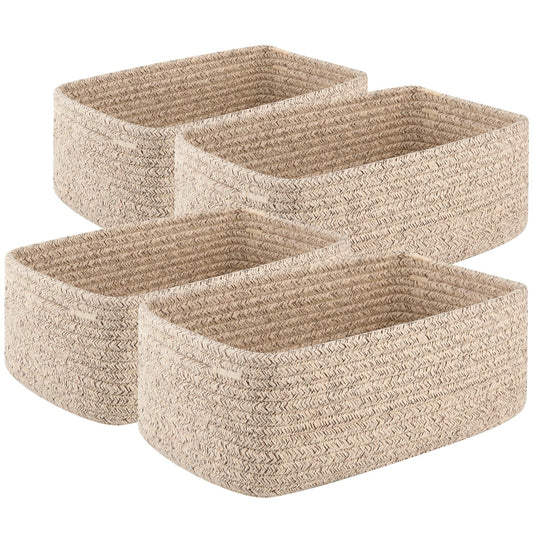 OIASKET 4 Pack Small Storage Shelf Baskets for Organizing, Mini Woven Rope Storage Bins for Towels, Cute Decorative Closet Organizer，Baby Nursery, Gift Empty Baskets -11.8''Lx7.8''Wx4.7''H-Brown