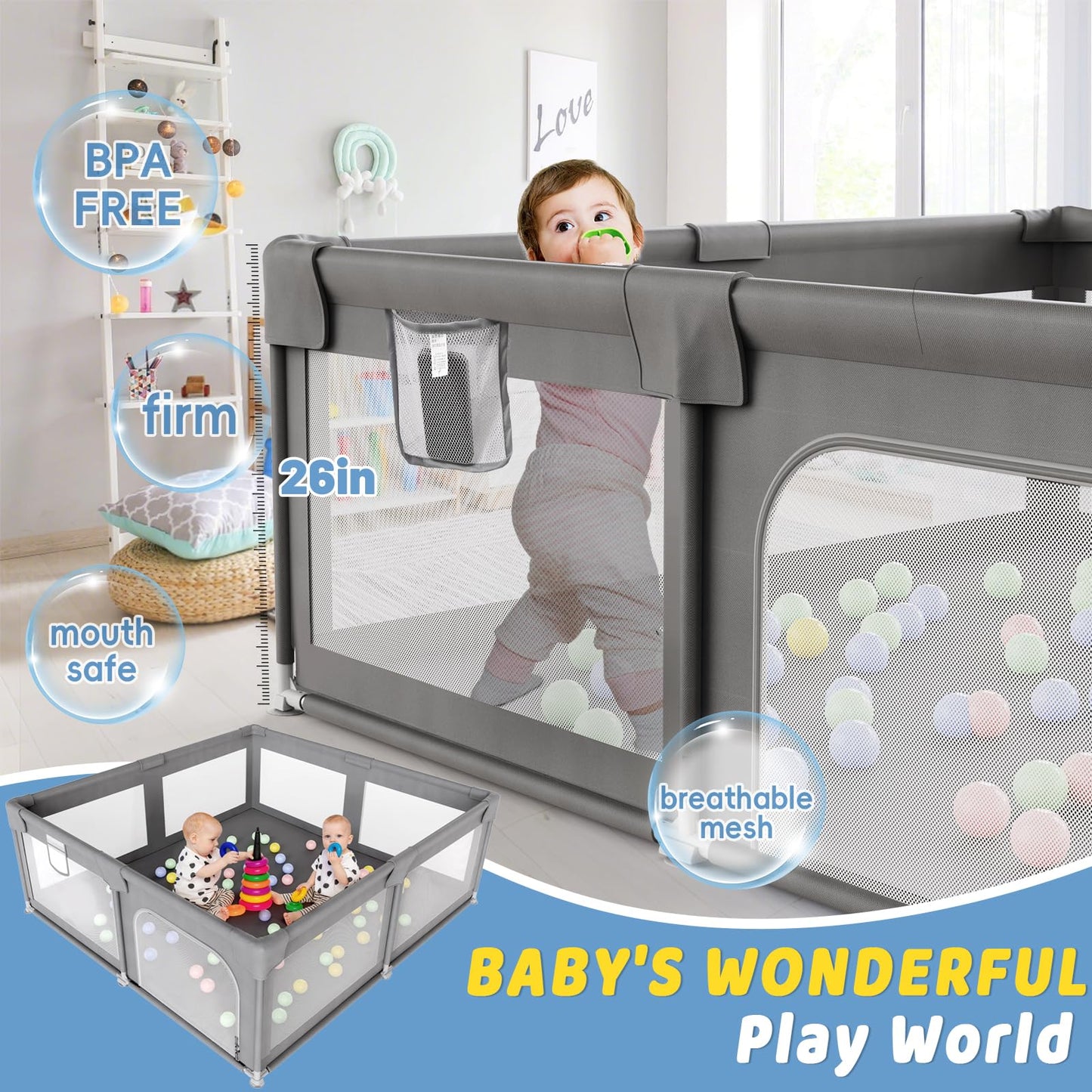 Palopalo Baby Playpen, 50''x50'' Small Playard for Babies and Toddlers, Baby Activity Center with 8 Suction Cup Bases, Infants Play Pen with Gate and Soft Breathable Mesh, Ideal for First-time Mom