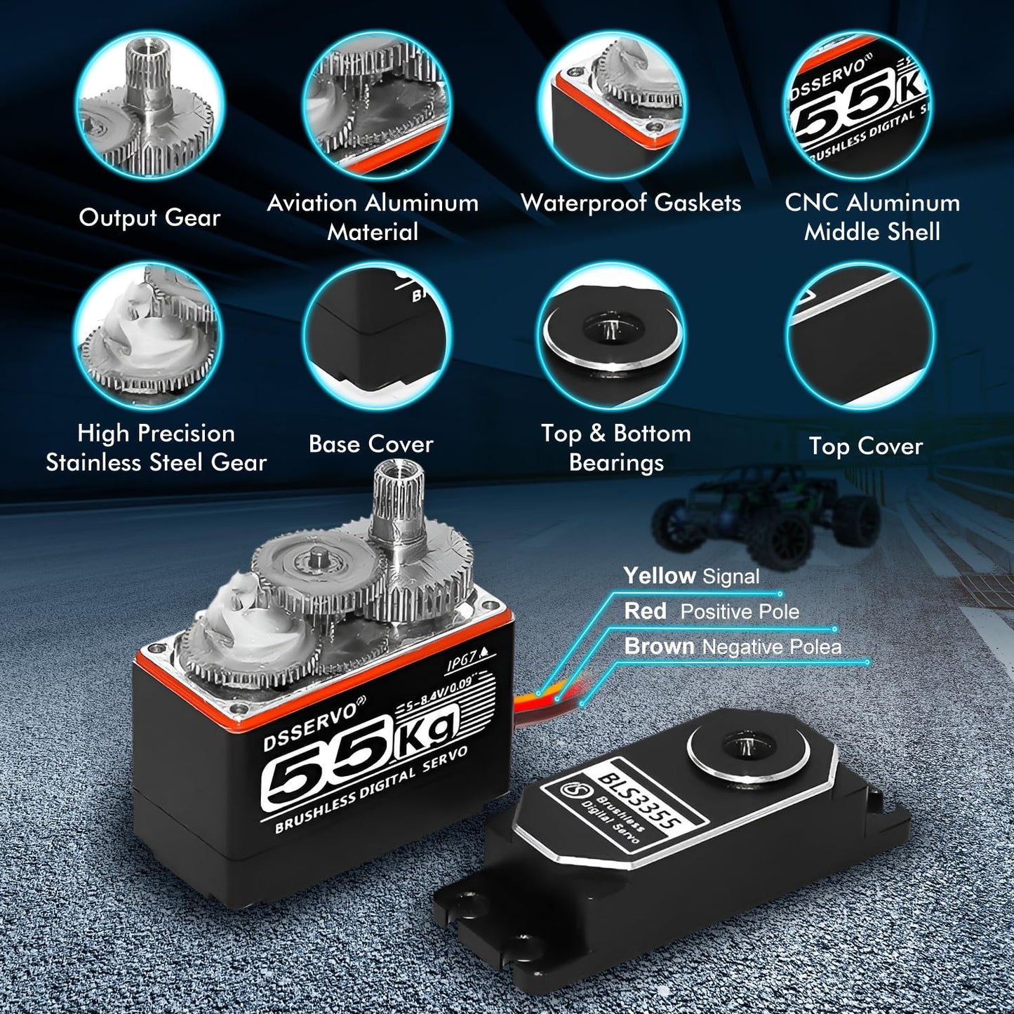 Brushless Servo 55KG Servo Full Metal High Torque Servo Digital RC Servo Motor for TRX4 TRX6 SCX10 III VS4-10 GEN7 1/10 RC Crawler Car Upgrade Parts High Torque Waterproof 180°