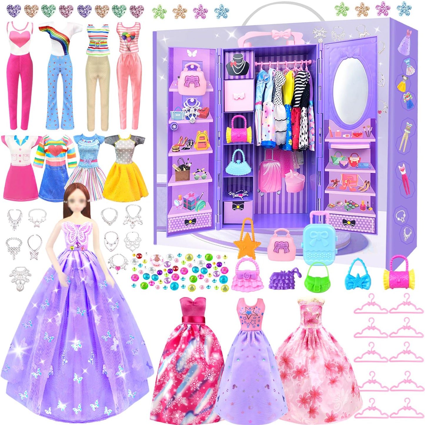 75Pcs Doll Clothes and Accessories with Doll Closet for 11.5 Inch Doll Dress up Set with 1 Doll Fashion Dresses Outfits Tops and Pants Rack Bags Gift Toy for Girls 4 5 6 7 8 9 10 Years