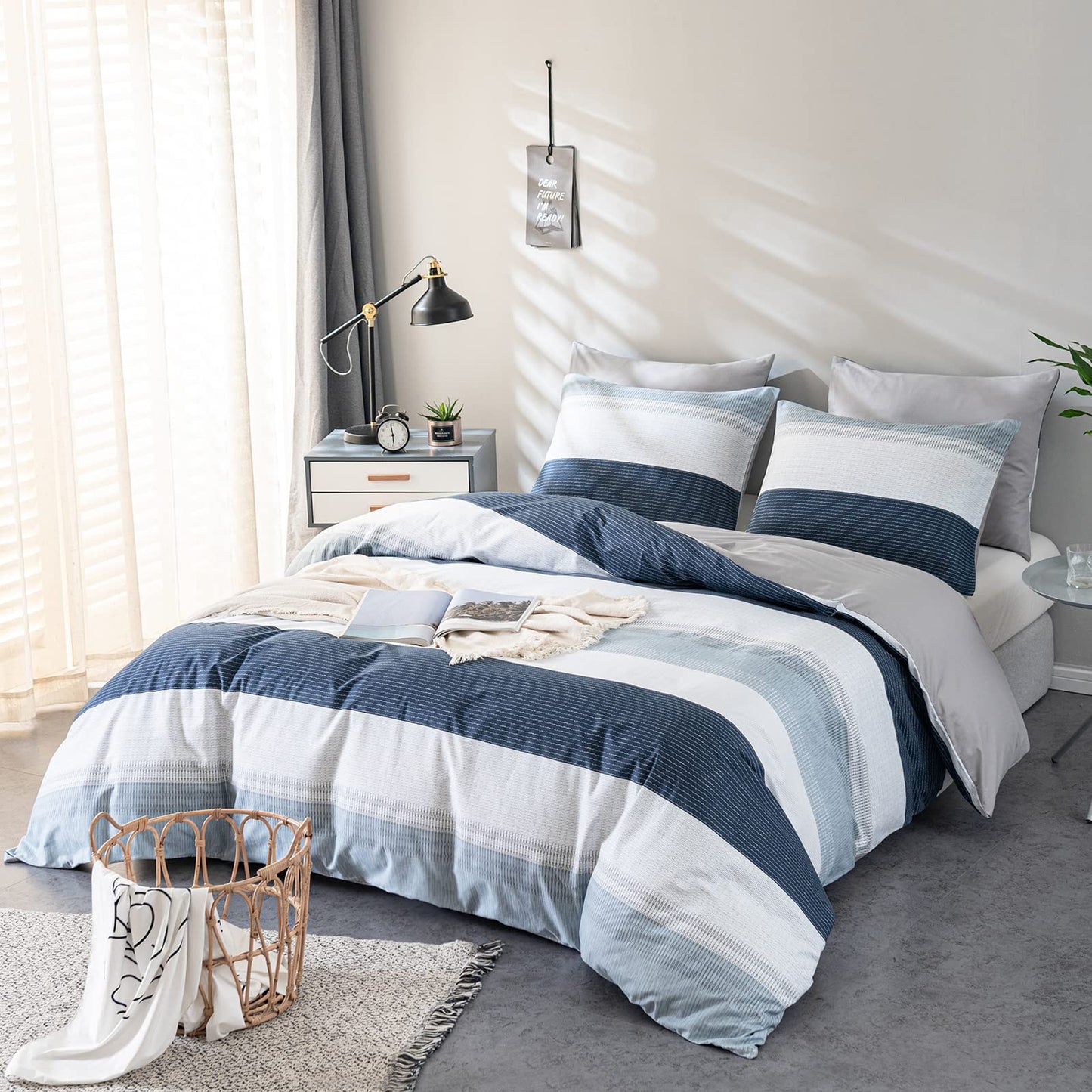 WARMDERN Boho Striped Duvet Cover Set Queen Size Cotton White Grey Bedding Set 3 Piece Ultra Soft Geometric Stripes Duvet Cover with Zipper Closure & Corner Ties 2 Pillowcase(Blue Queen)