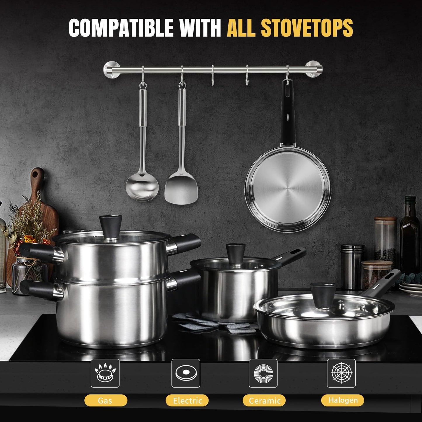 Meythway Stainless Steel Cookware Set Non Toxic, 14PCs Stainless Steel Pots and Pans Set with Stay-Cool Handles, Kitchen Induction Cookware with Steamer, Utensil Sets and Pot Protectors