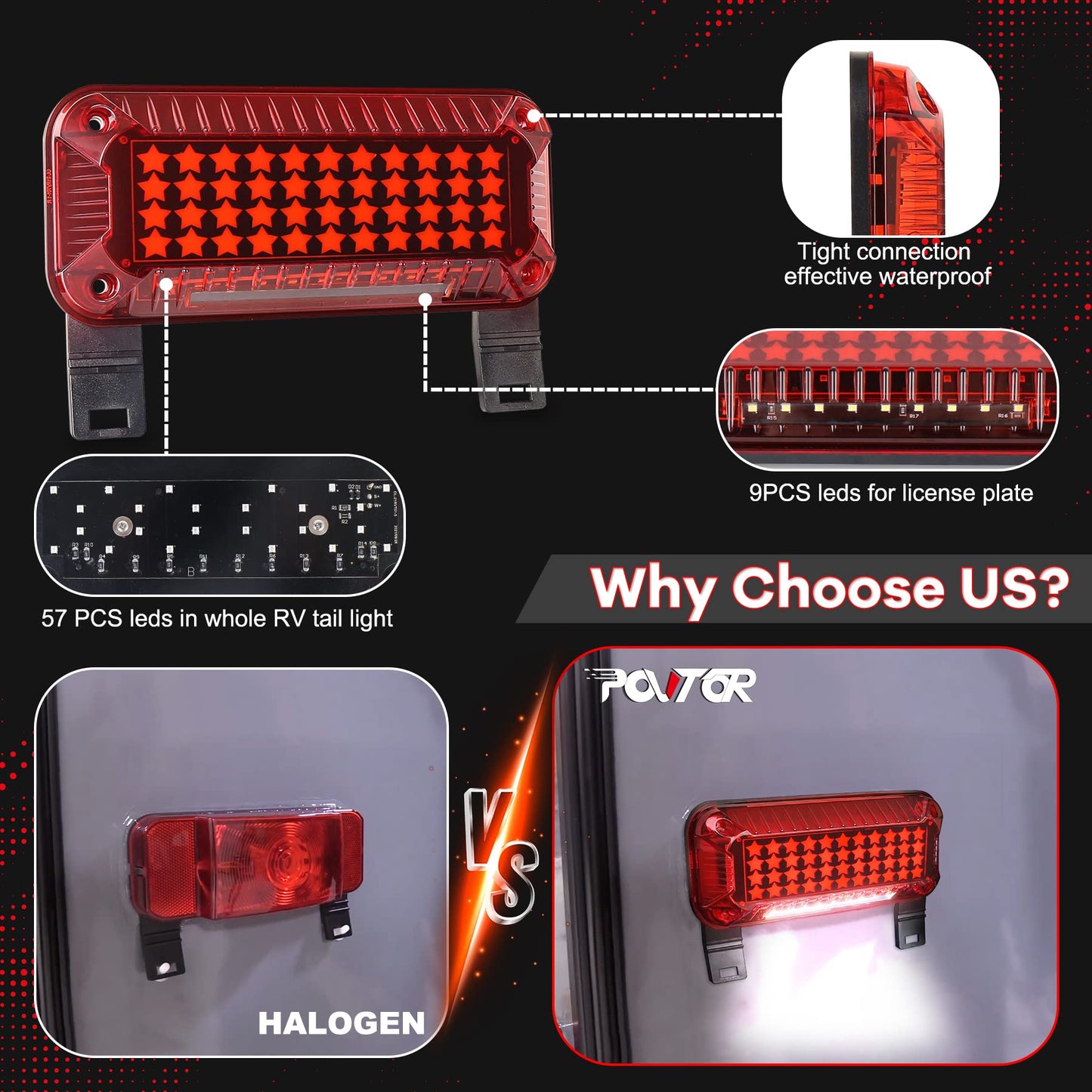 POVTOR Trailer Tail Lights 57 LEDs with Running/Turn Signal/Stop License Plate Light/RV Brake Lights Star Red Reflex Surface Mount Rectangular Camper Tail Lights
