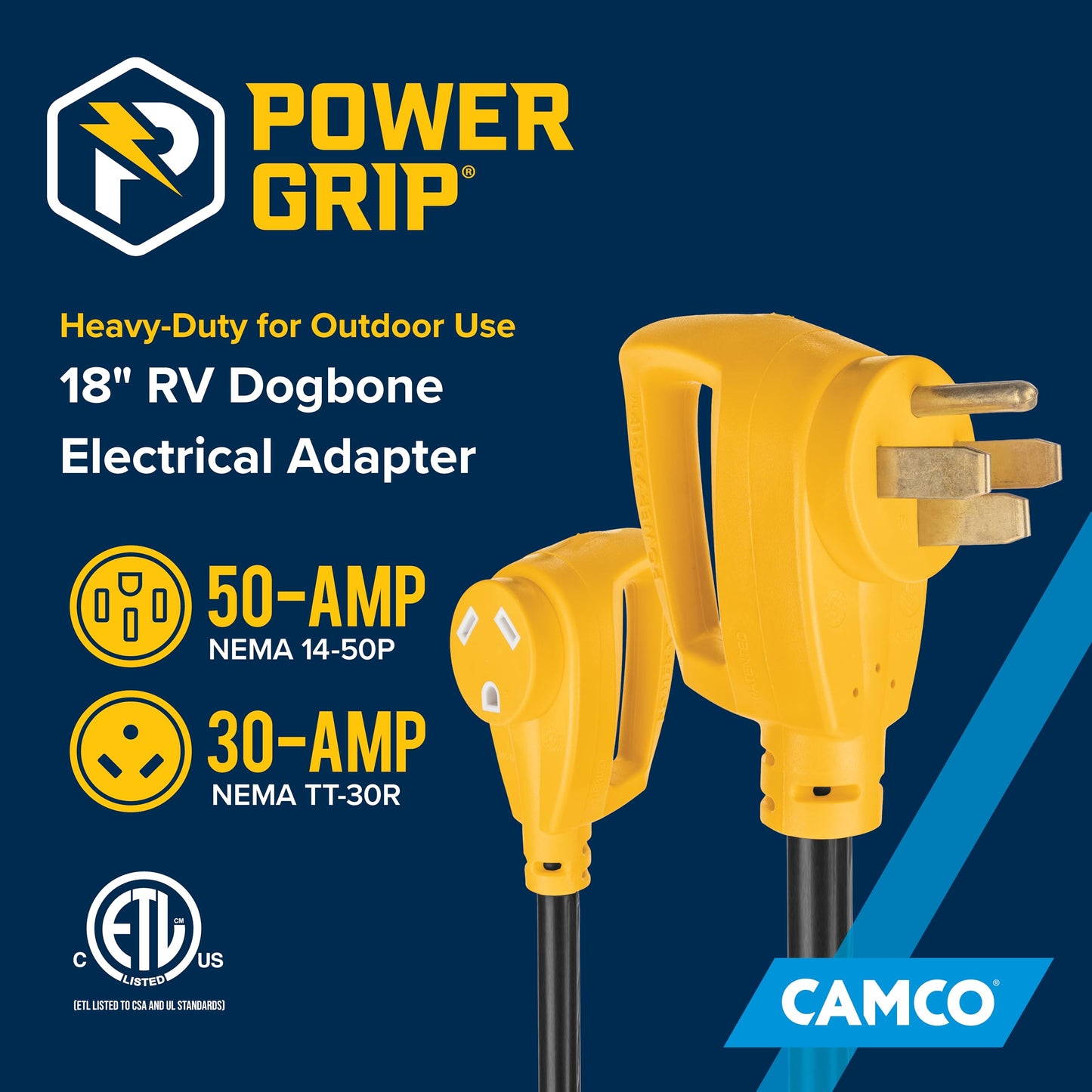 CAMCO Heavy Duty RV Dogbone Electrical Adapter with Innovative 180 Degree Bend Design and Easy PowerGrip Handle - 50 Amp Male to 30 Amp Female, 18 inch (55175), Black