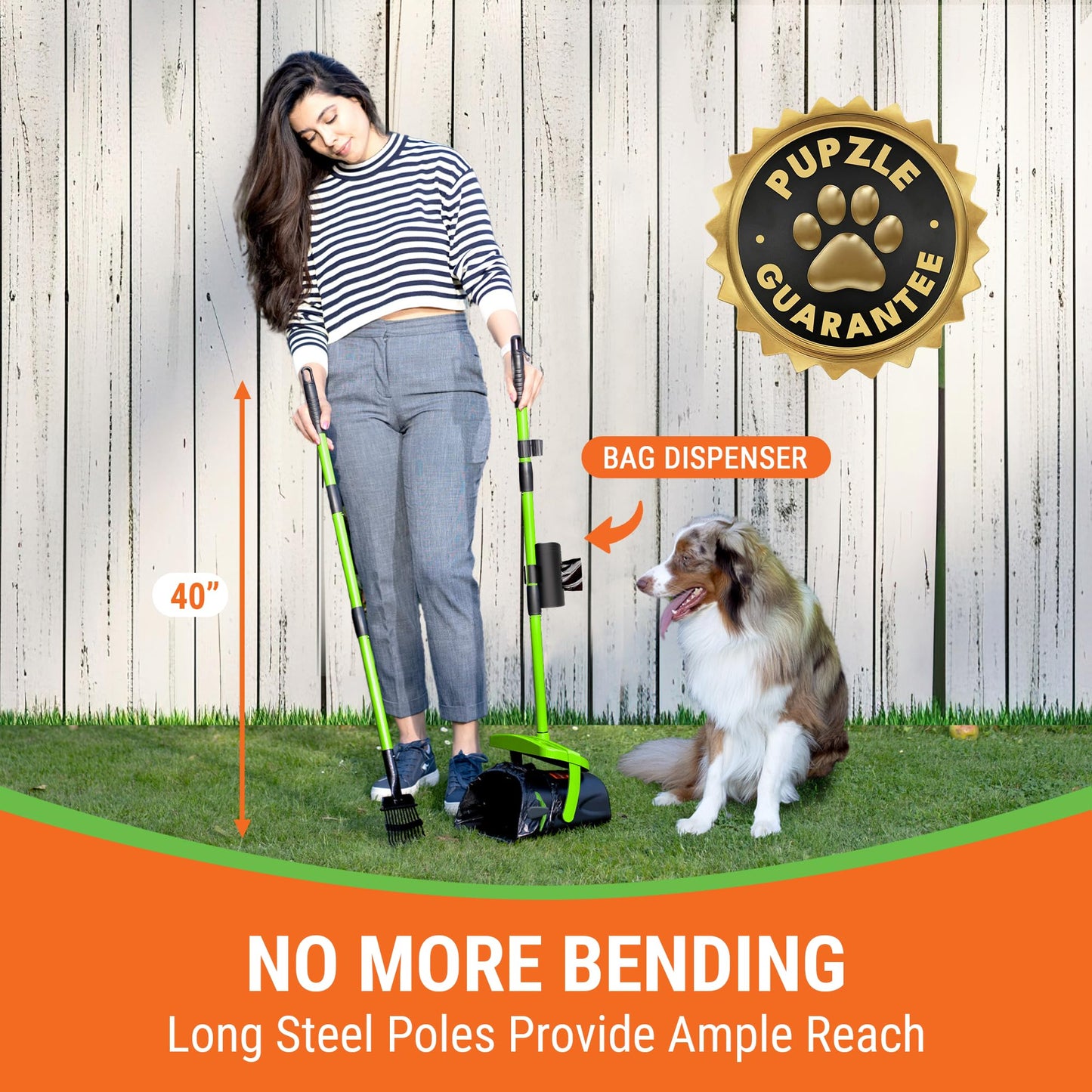 Pupzle Dog Pooper Scooper with Bag Attachment, 40" Long Handle Pooper Scooper for Large Dogs Heavy Duty, Metal Dog Poop Scoop for Yard, Large Capacity Bin and Rake with 25 Refill Bags for Dogs