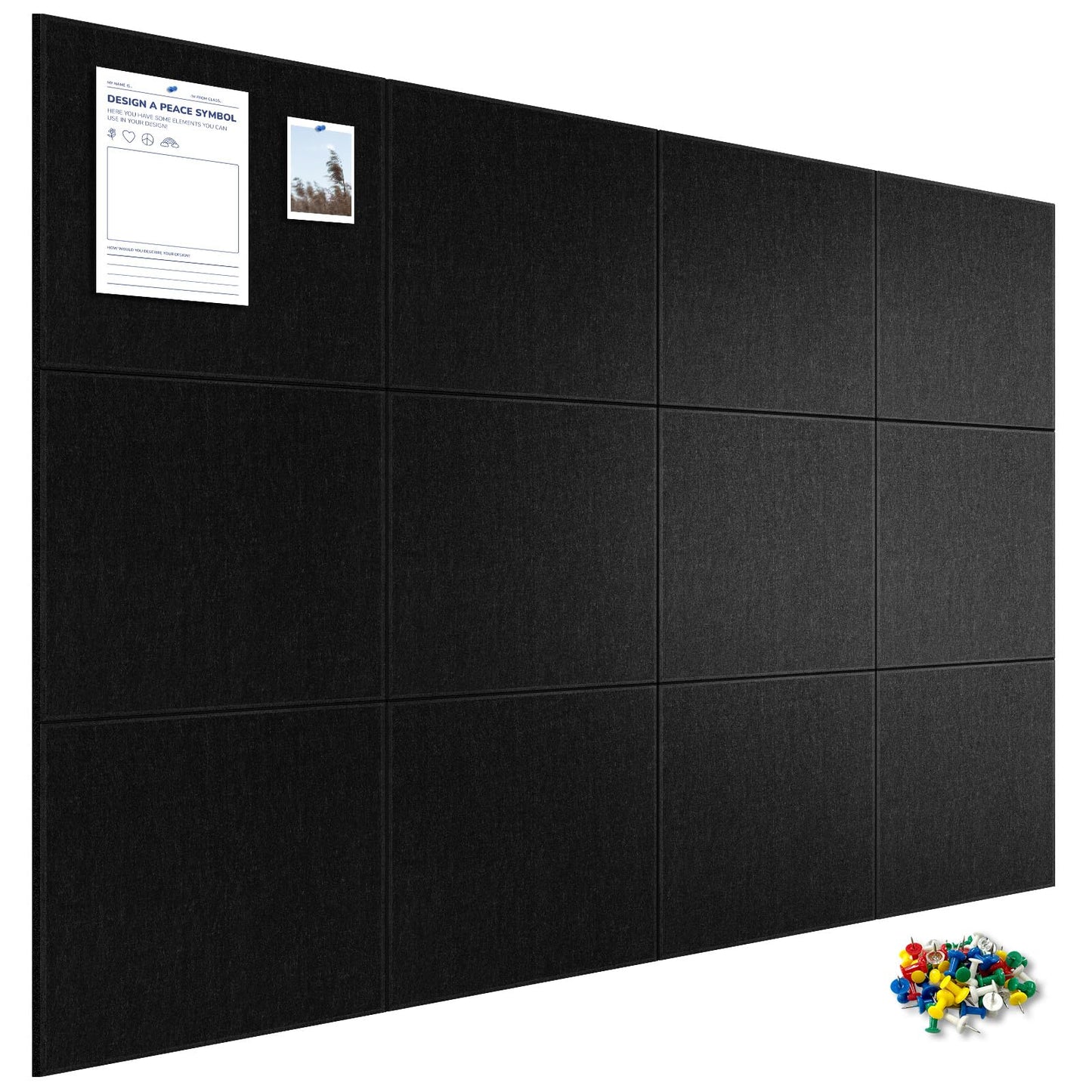 AMUSIGHT Large Cork Board Tiles, 12 Packs 48" x 36" 1/2" Thick Cork Bulletin Board Felt Board Self Adhesive Cork Boards for Walls Home Office Kitchen School, 120 Push pins, Black