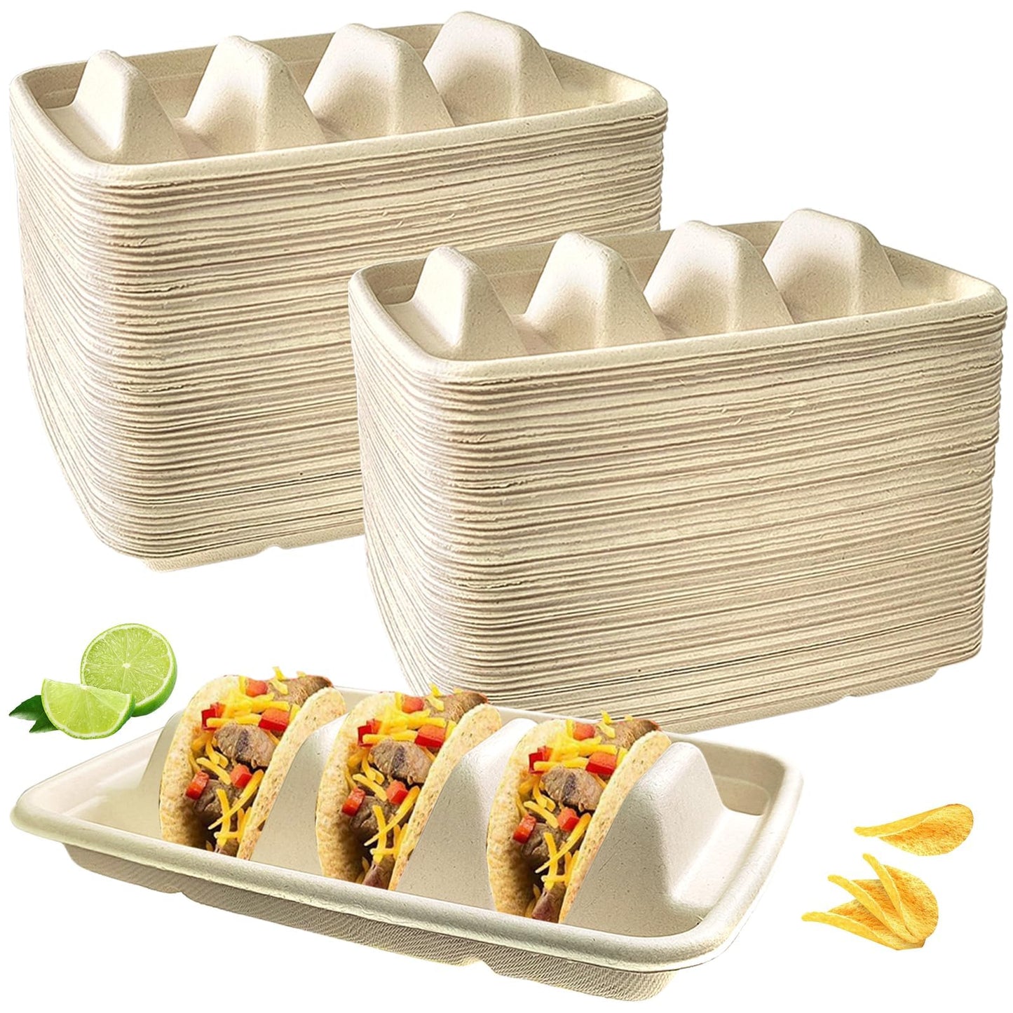100PCS Disposable Taco Holder Stand,Disposable Taco Plates with 3 Dividers Stylish Rack Holds Up to 3 Tacos Each,Fiesta Holder for Taco Tuesday Lazy Susan Taco Bar,Food Serving Tray- Microwave Safe