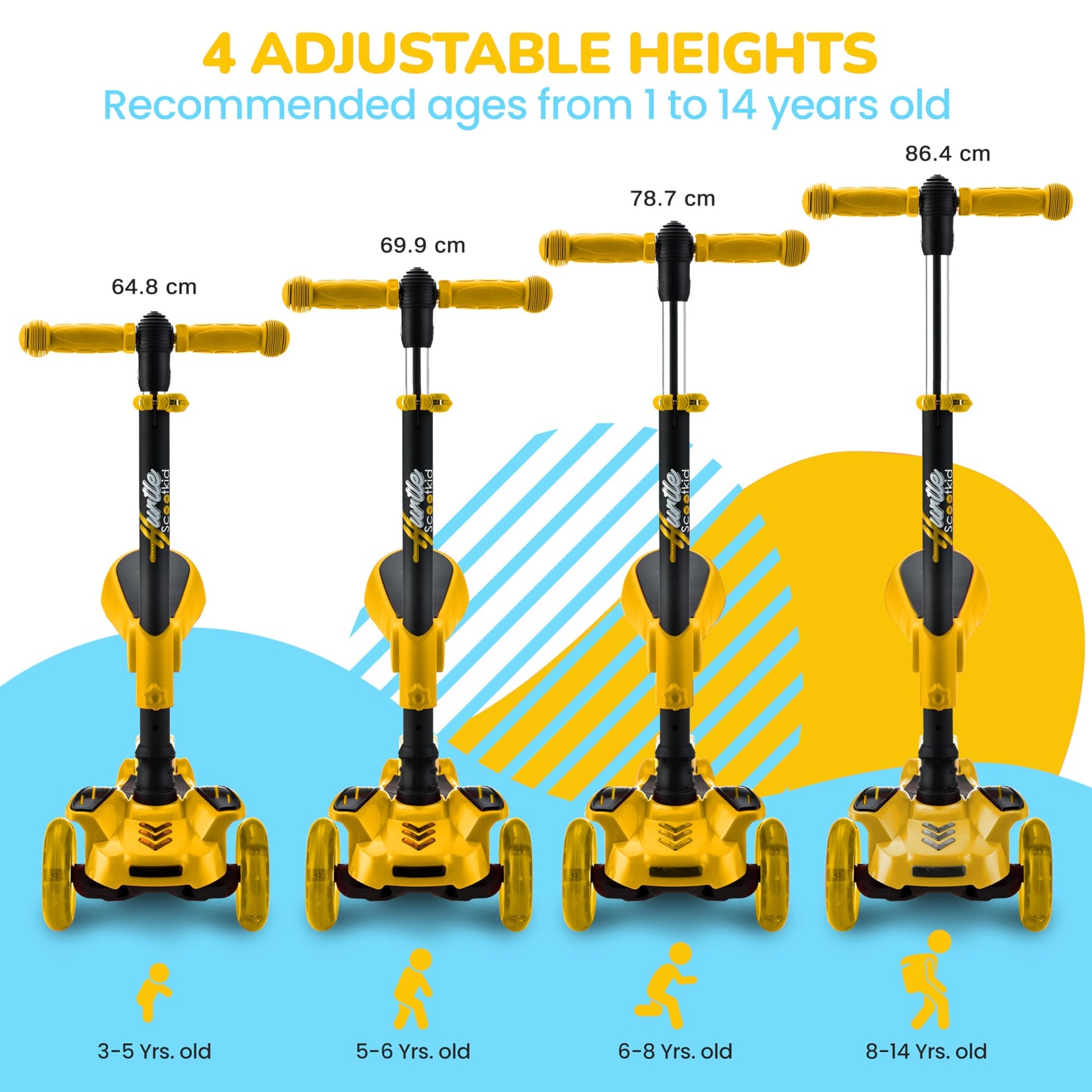 Hurtle 3-Wheeled Kids Scooter - Wheel LED Lights, Adjustable Lean-to-Steer Handlebar, and Foldable Seat - Sit or Stand Ride with Brake for Boys and Girls Ages 1-14 Years Old, Yellow