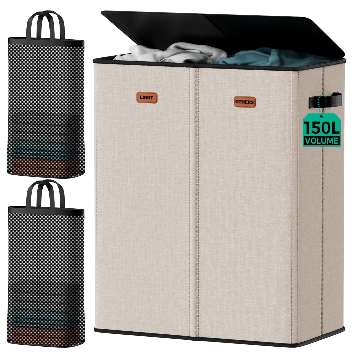 MECINFUL 150L 2-Section Laundry Hamper with Lid – Removable Bag, Double Compartment Clothes Hamper for Bathroom, Bedroom, Dorm & Laundry Room