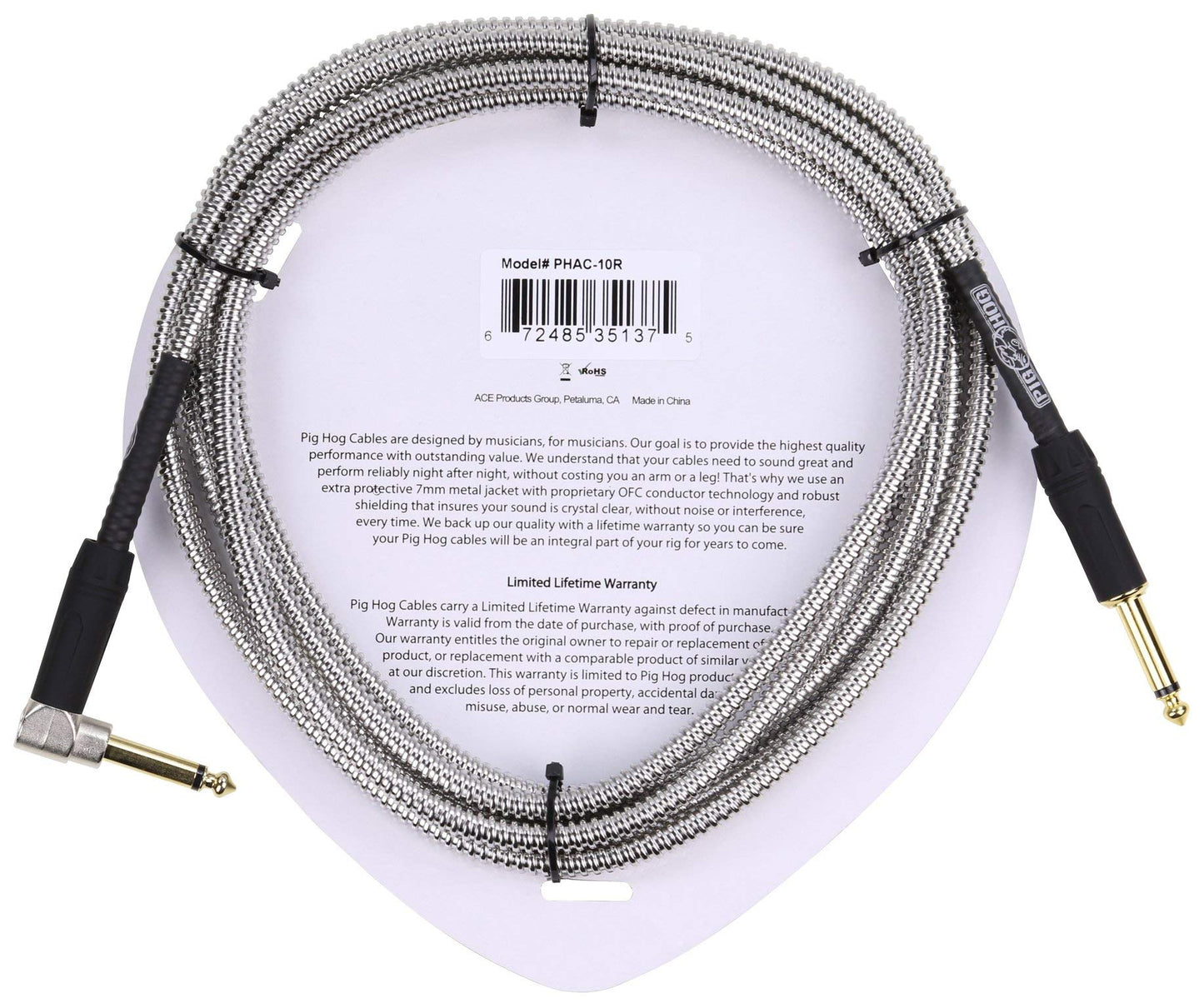 Pig Hog PHAC-10R Armor Clad Right-Angle 1/4" to 1/4" Guitar Instrument Cable, 10 Feet