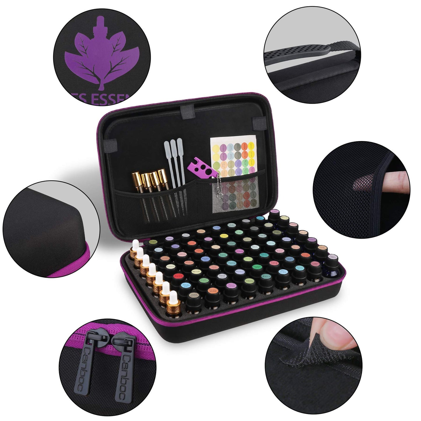 Canboc 70 Bottles Essential Oil Travel Storage Case - Holds 5ml 10ml 15ml 20ml for Young Living doTERRA Aromatherapy Bottle, Hard Carrying Cases fit Dropper, Sample Jar, Foam Insert Organizer, Black