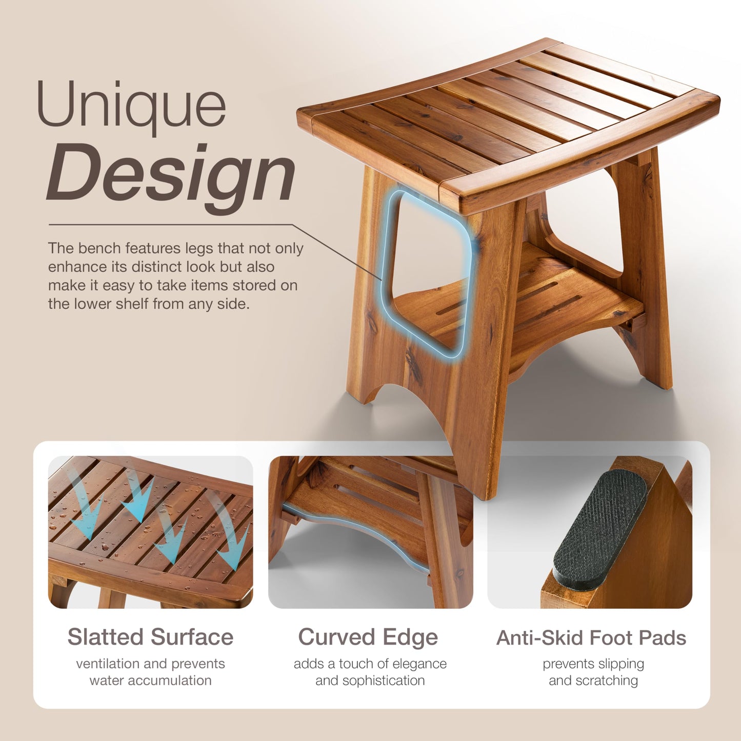 HOLANA Acacia Shower Bench for Inside Shower - Wooden Shower Stool Benches Waterproof for Shaving Legs - Bench Seat with Storage Towel Shelf for Bathroom - Tub Bench Chair Spa Bath (Acacia Wood)